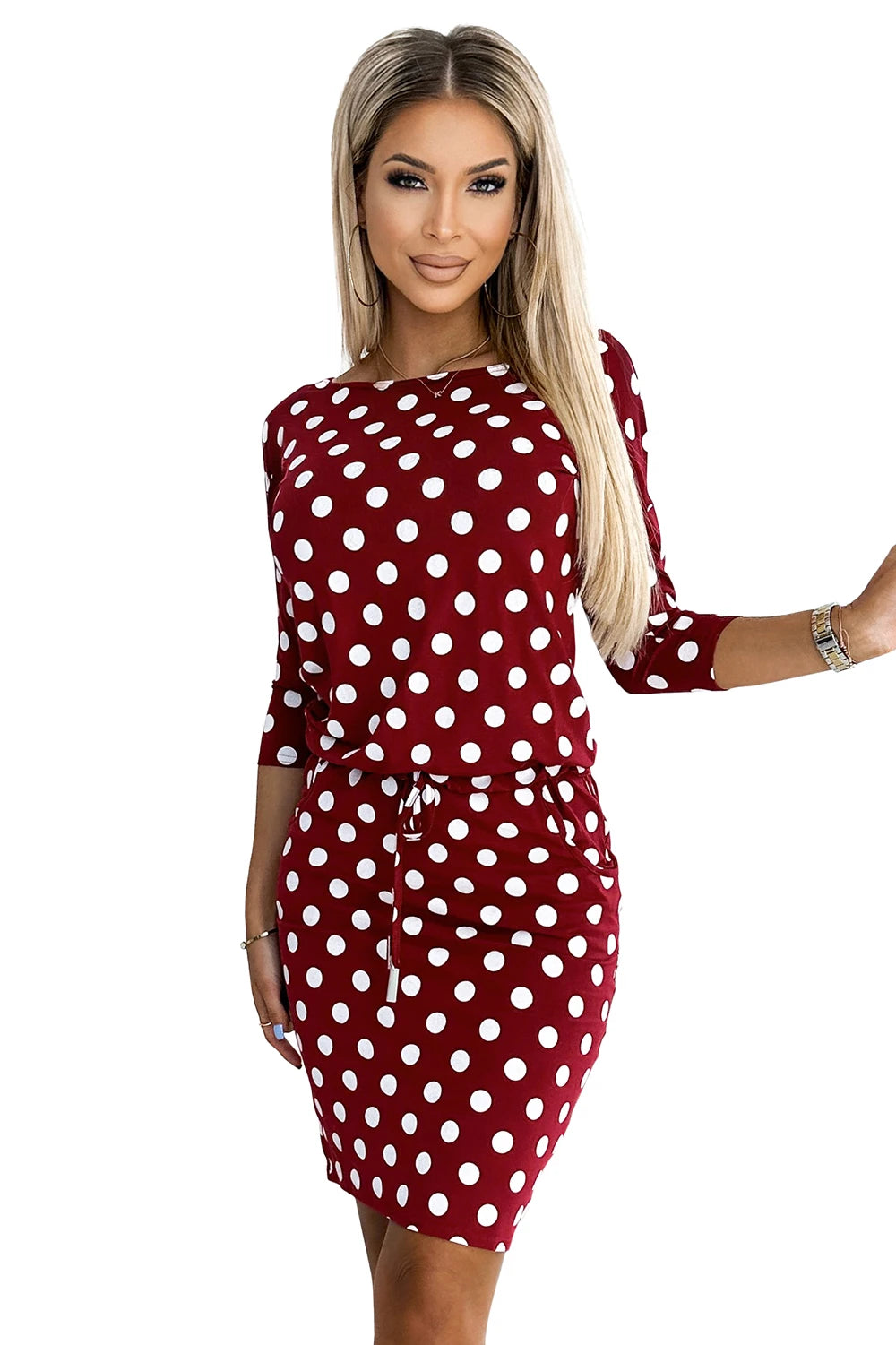 13-156 Rochie sport cu legătură și buzunare - VISINIU cu buline