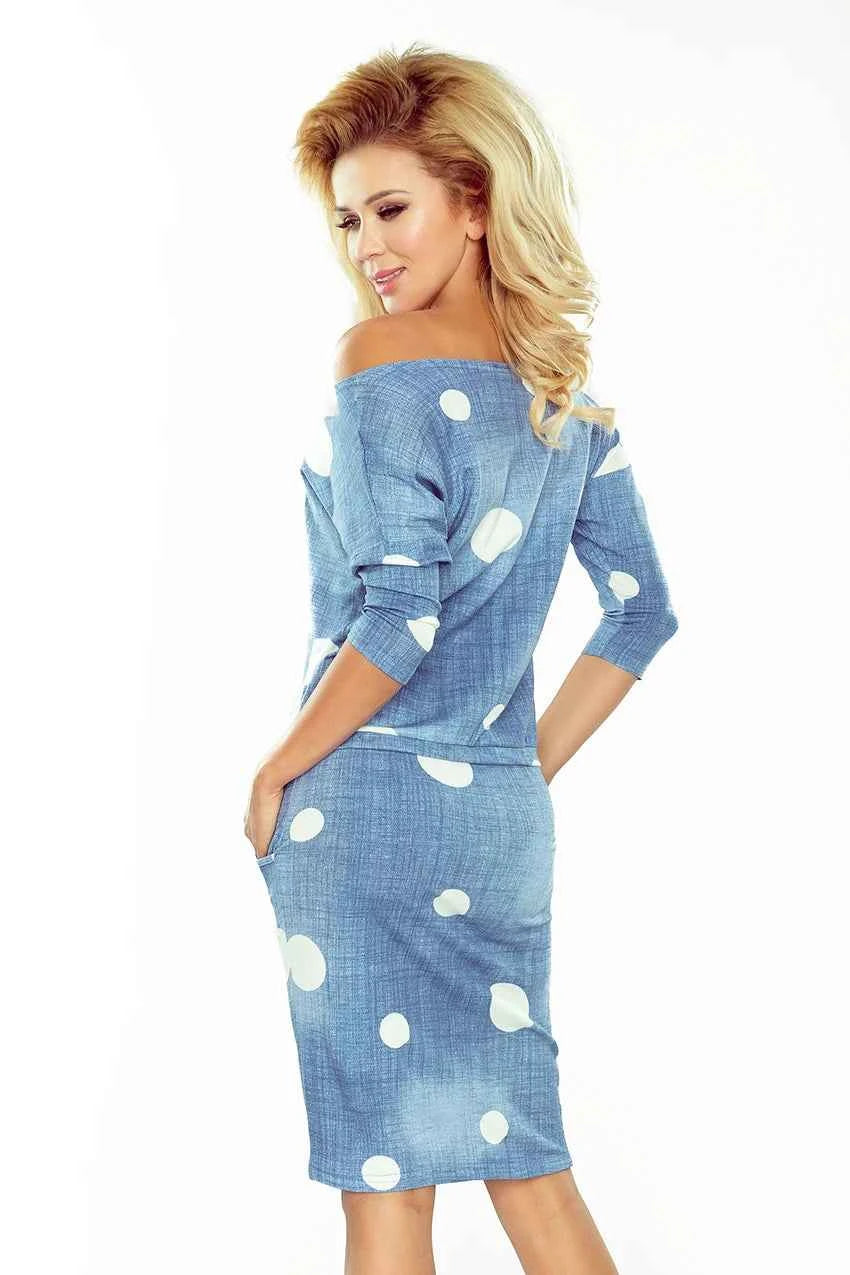 13-74 Rochie sportivă - JEANS cu buline albe