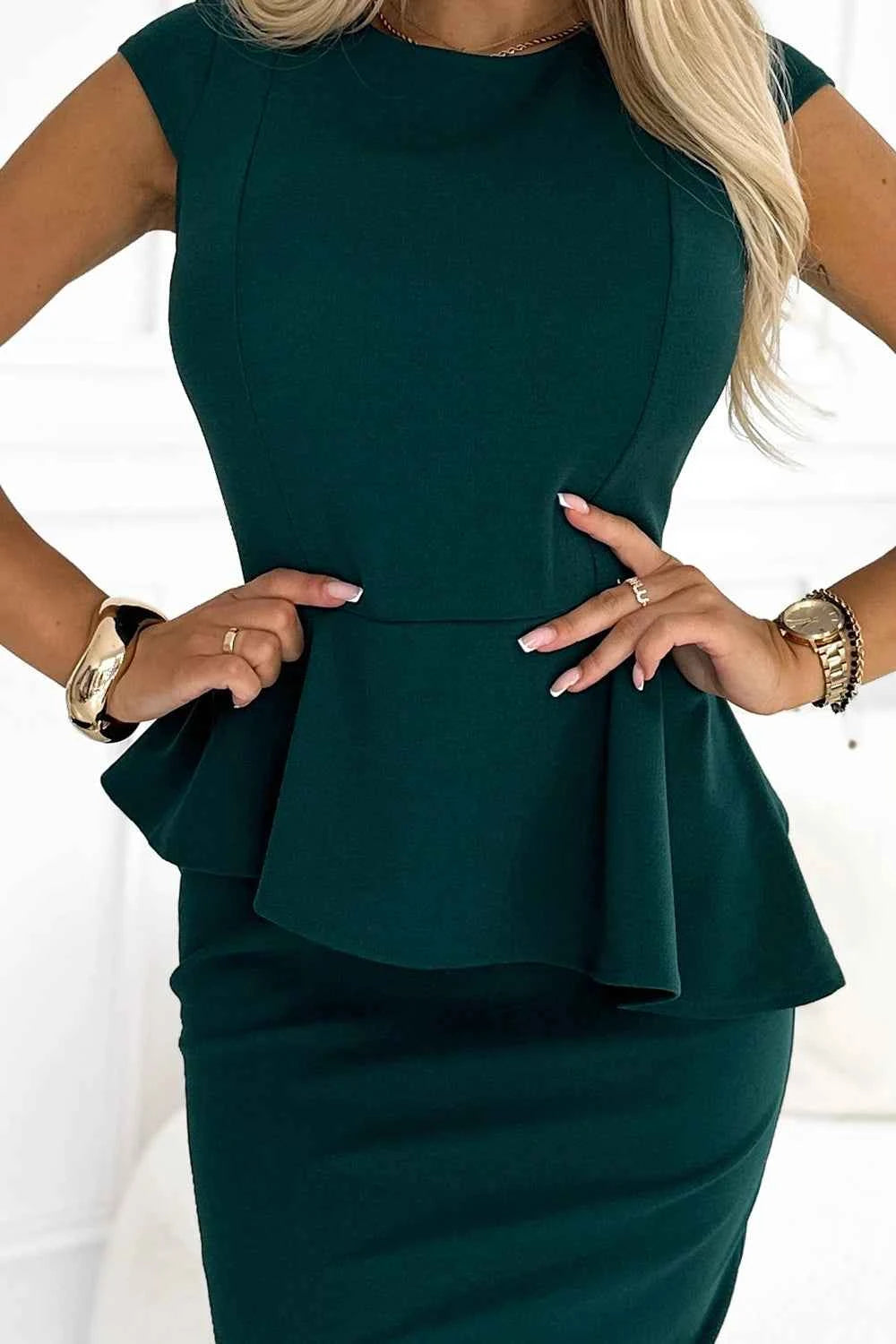 192-16 Rochie elegantă MIDI cu bască - VERDE STICLĂ