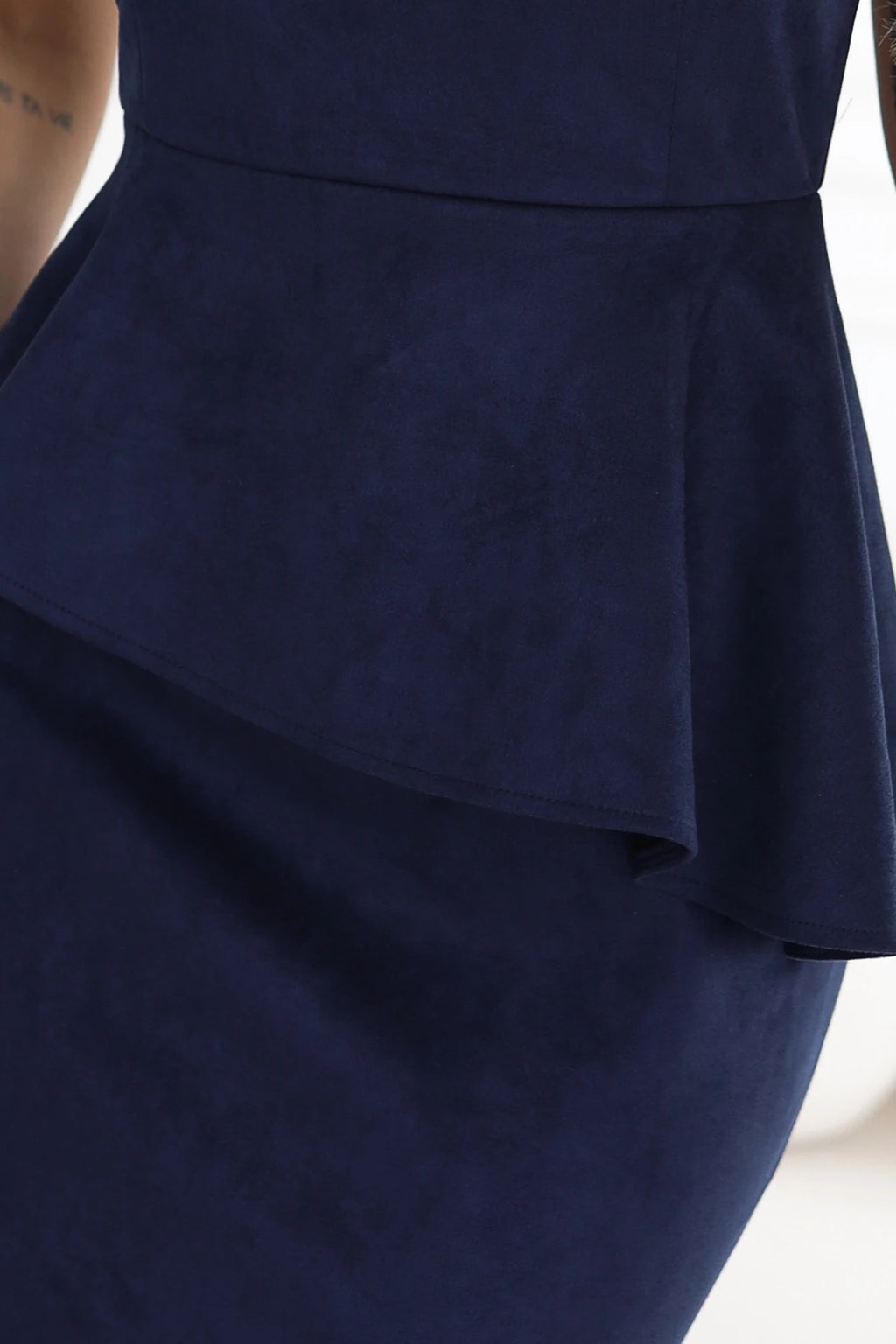 192-18 Rochie midi elegantă din piele întoarsă, cu peplum - bleumarin