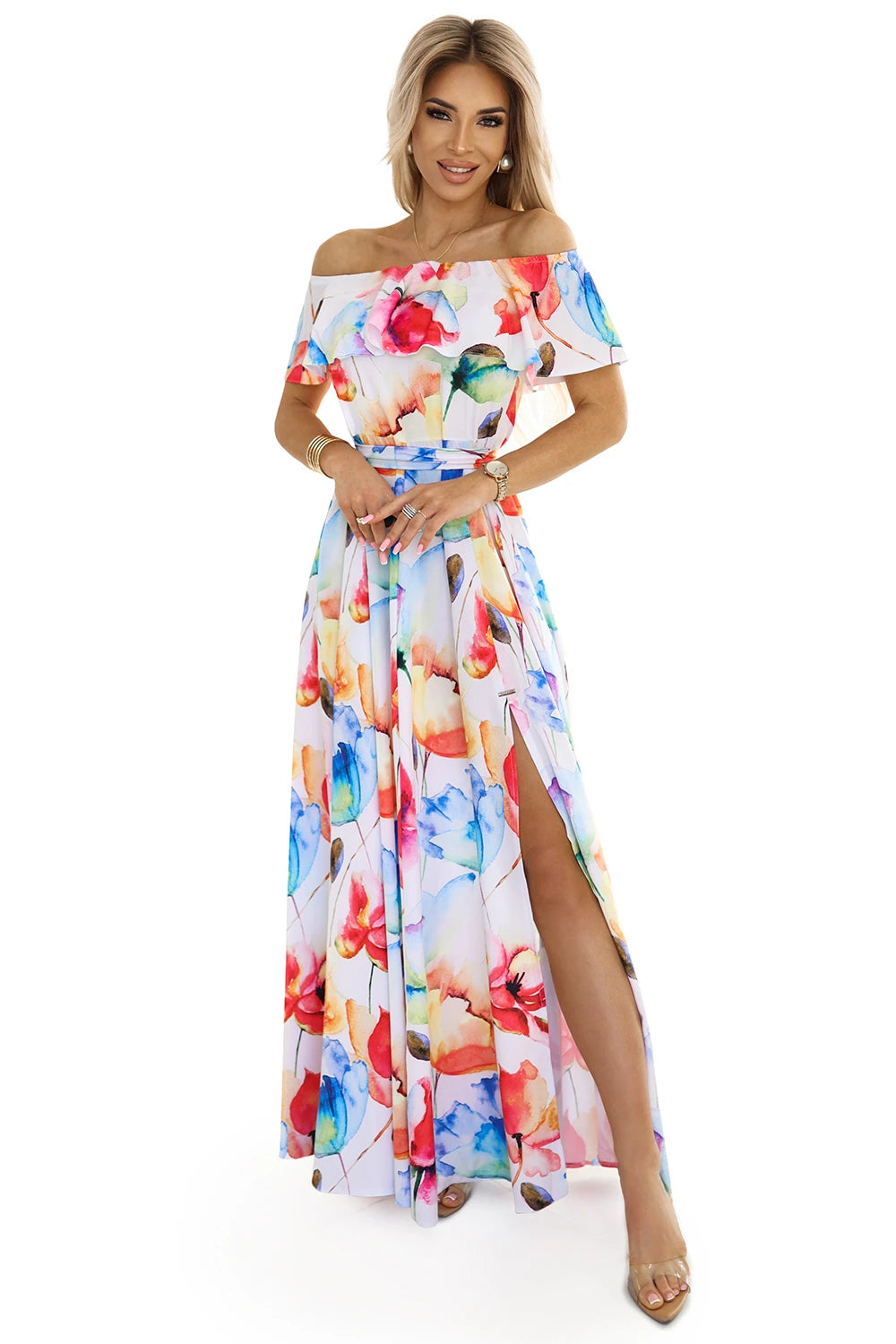 194-5 Rochie lungă de vară cu curea - model de flori colorate ?