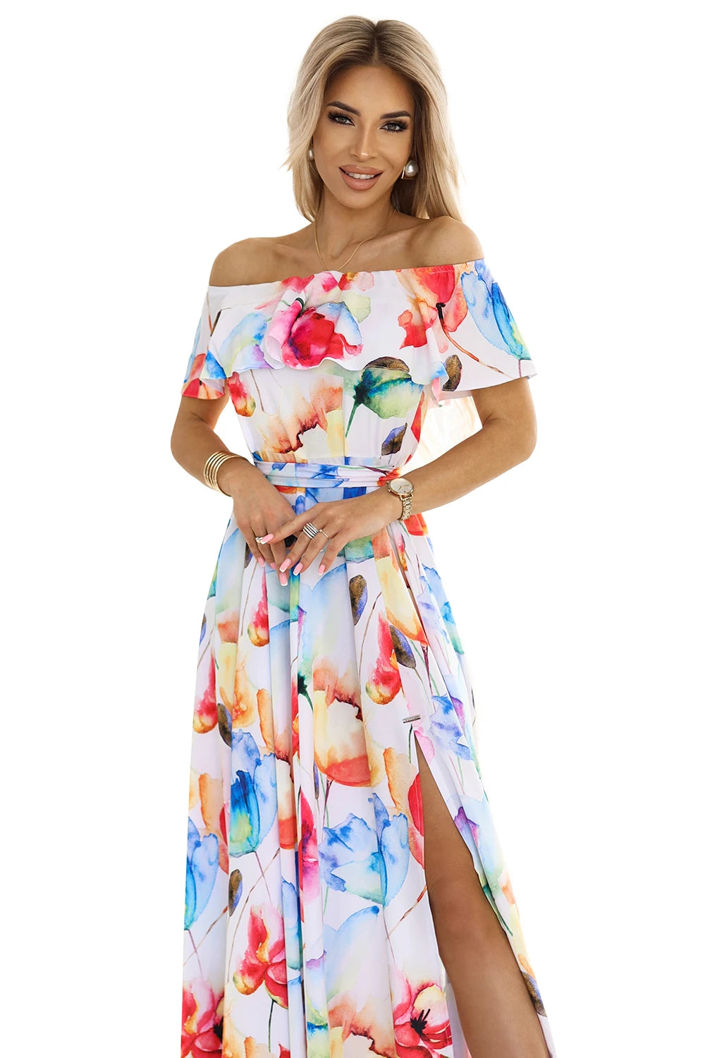 194-5 Rochie lungă de vară cu curea - model de flori colorate ?