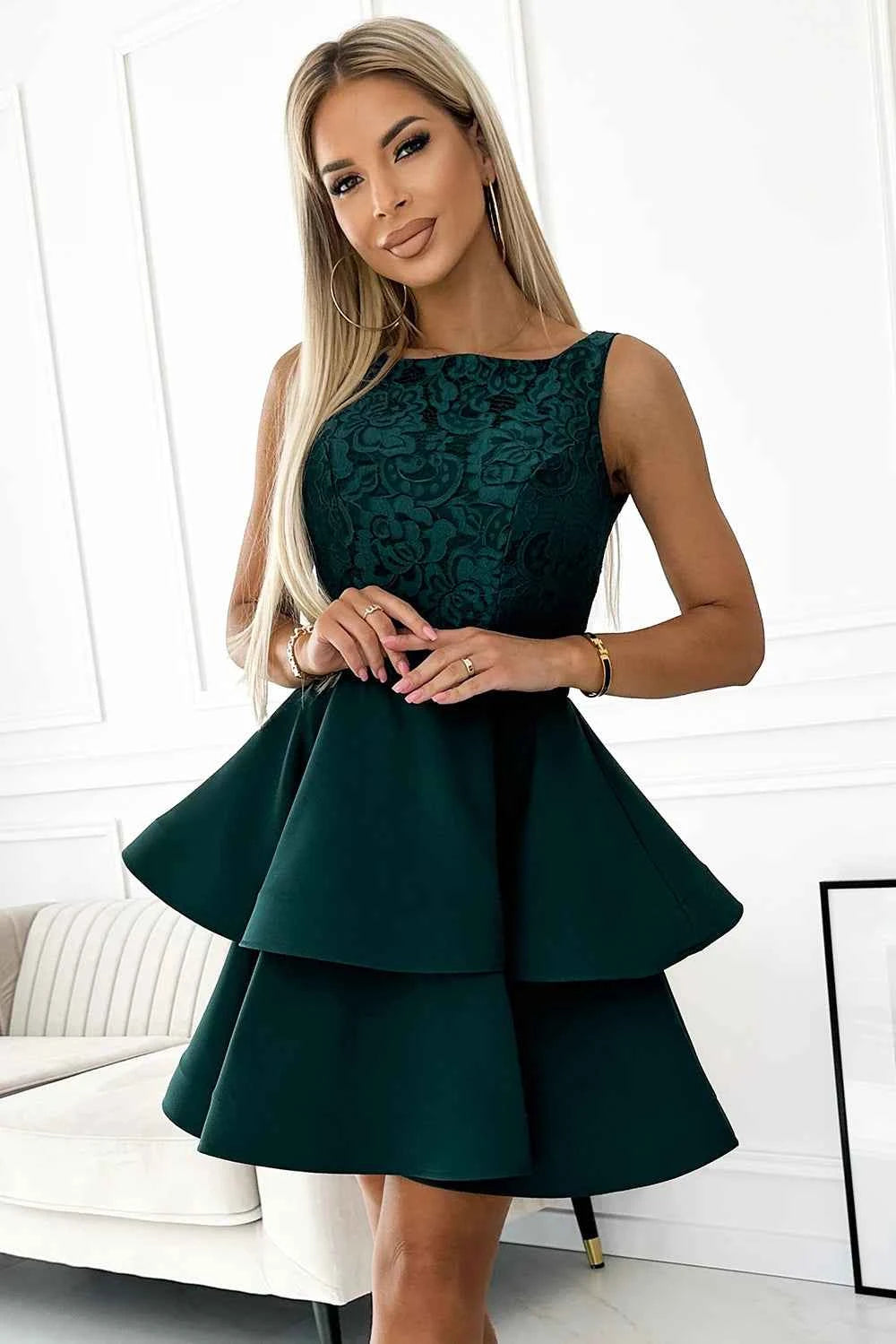 205-4 LAURA rochie dublu evazată cu partea de sus din dantelă - VERDE STICLĂ