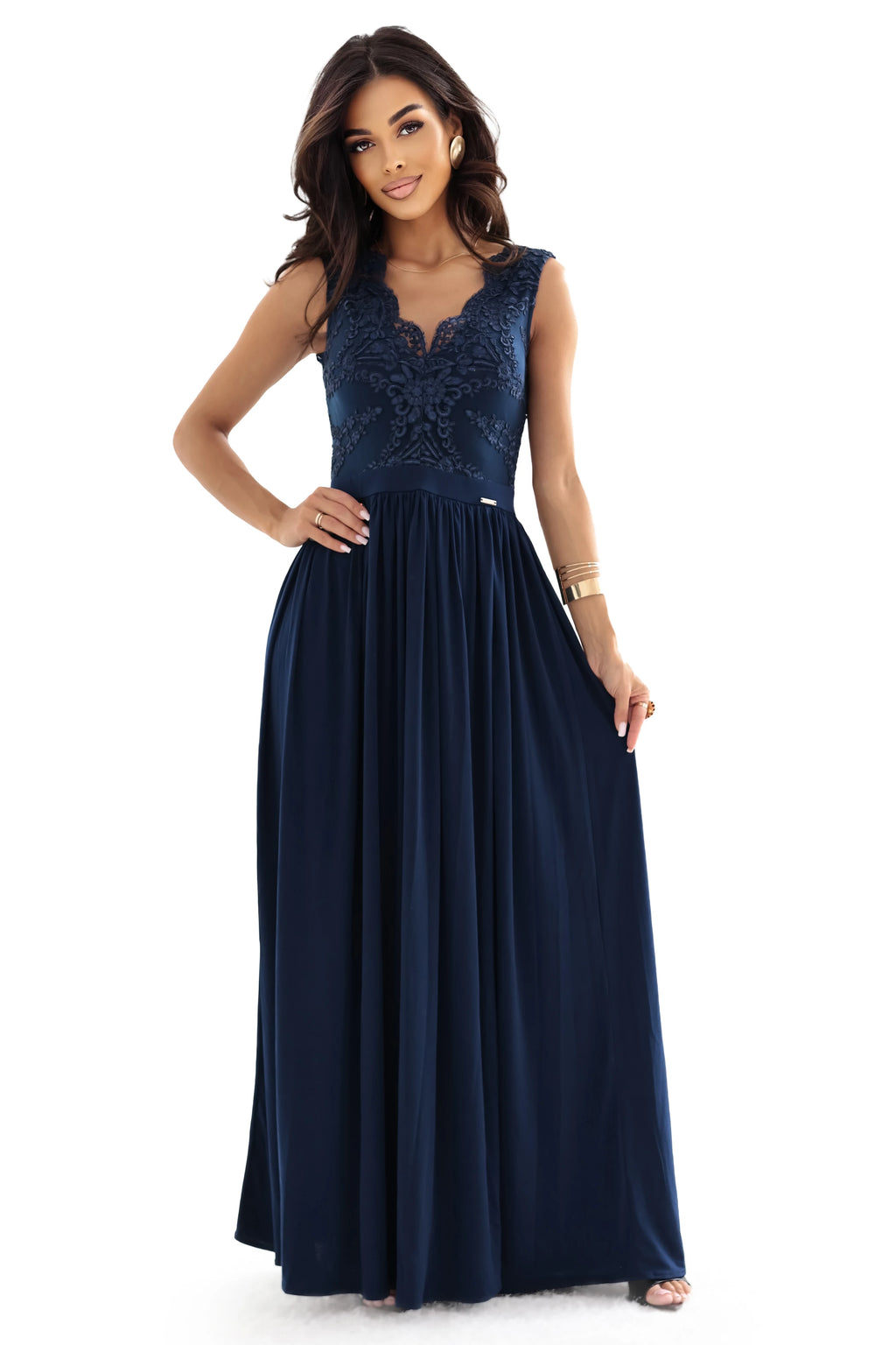 215-6 LEA Rochie maxi lungă și elegantă cu top din dantelă și crăpătură pe picior - bleumarin