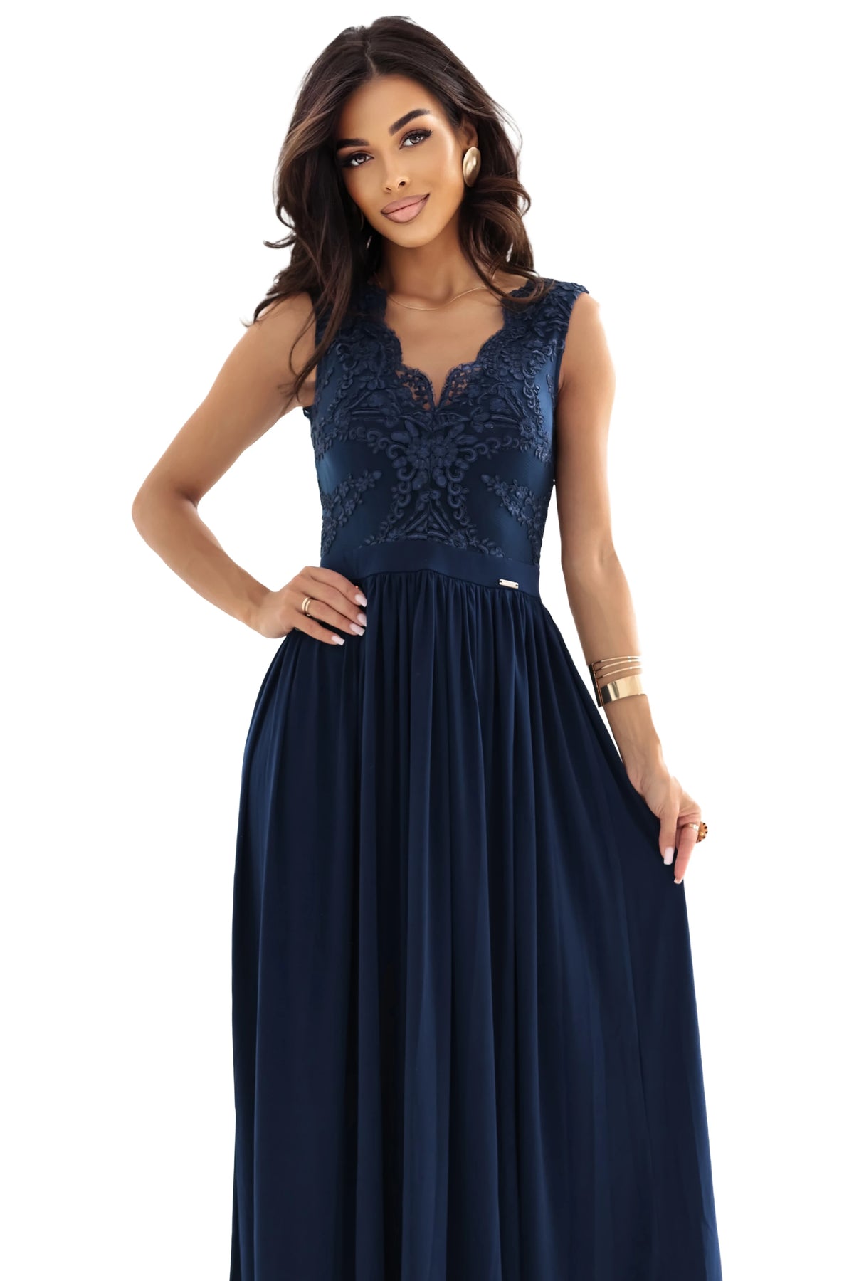 215-6 LEA Rochie maxi lungă și elegantă cu top din dantelă și crăpătură pe picior - bleumarin