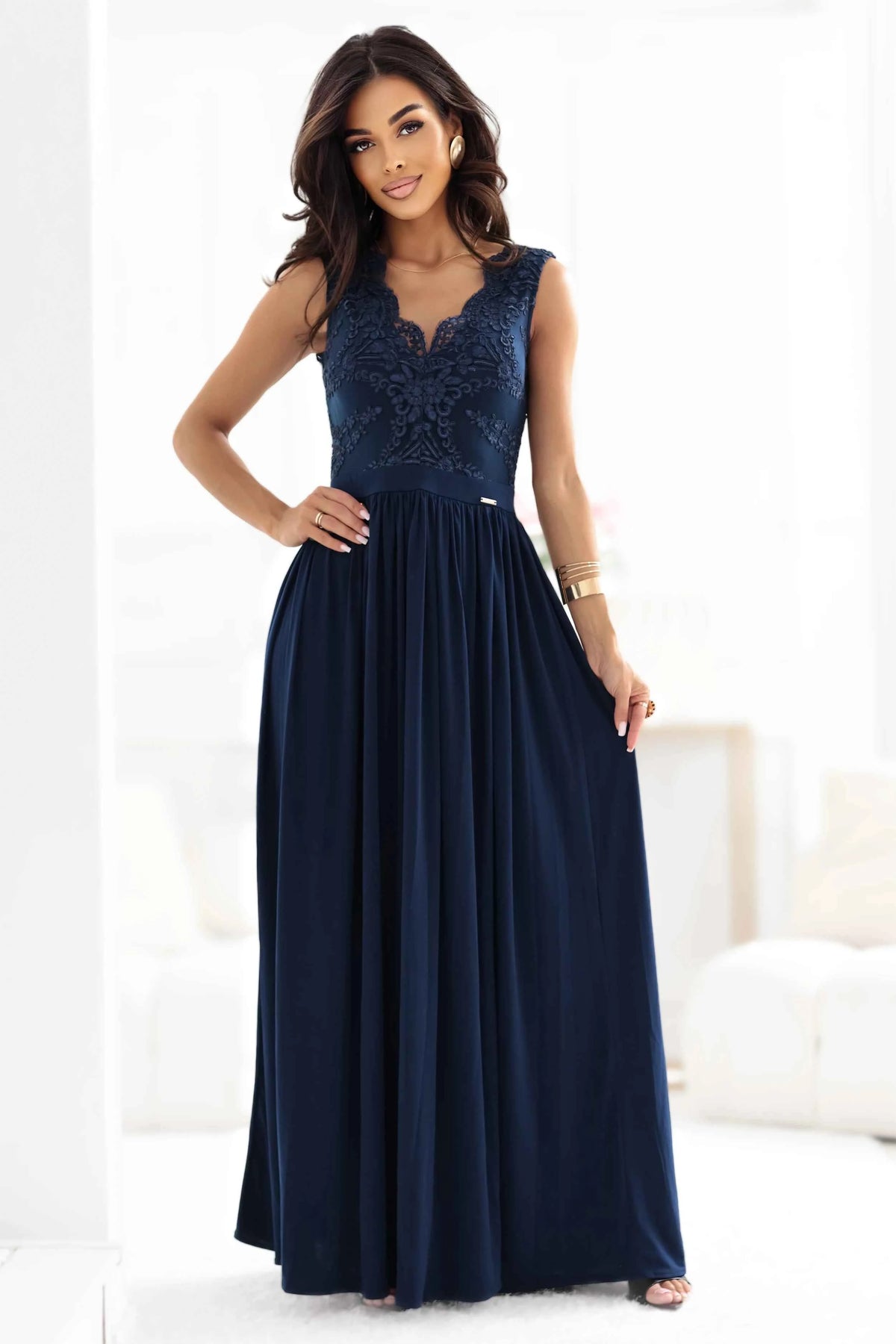 215-6 LEA Rochie maxi lungă și elegantă cu top din dantelă și crăpătură pe picior - bleumarin