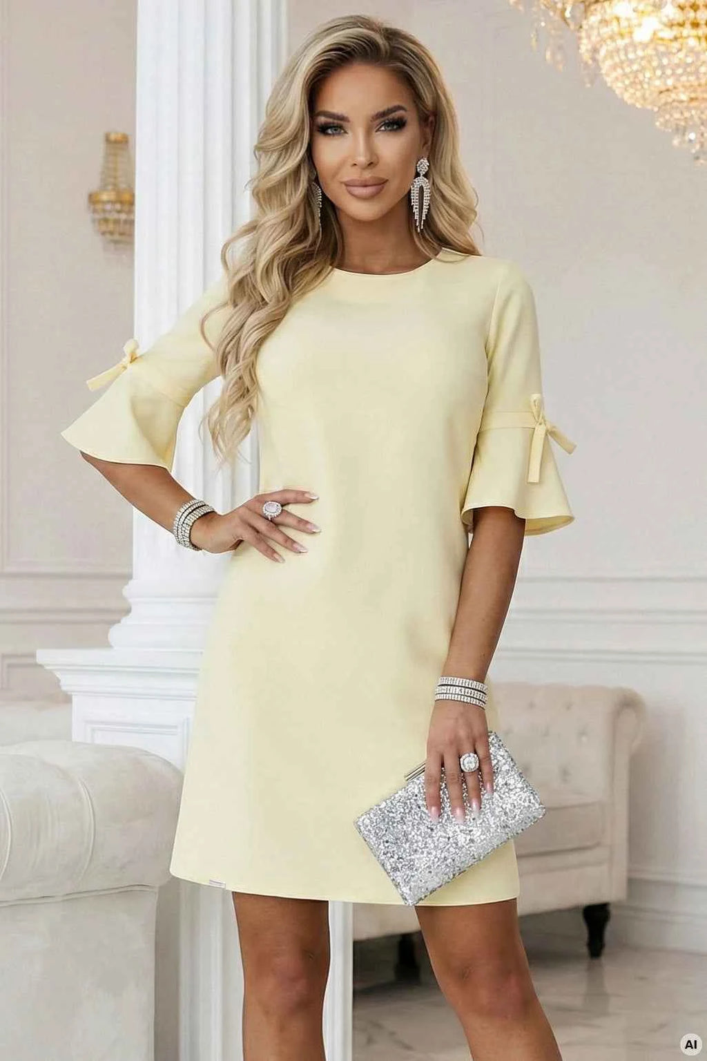 217-12 NEVA Rochie feminină trapez cu șireturi la mâneci - galben pastel
