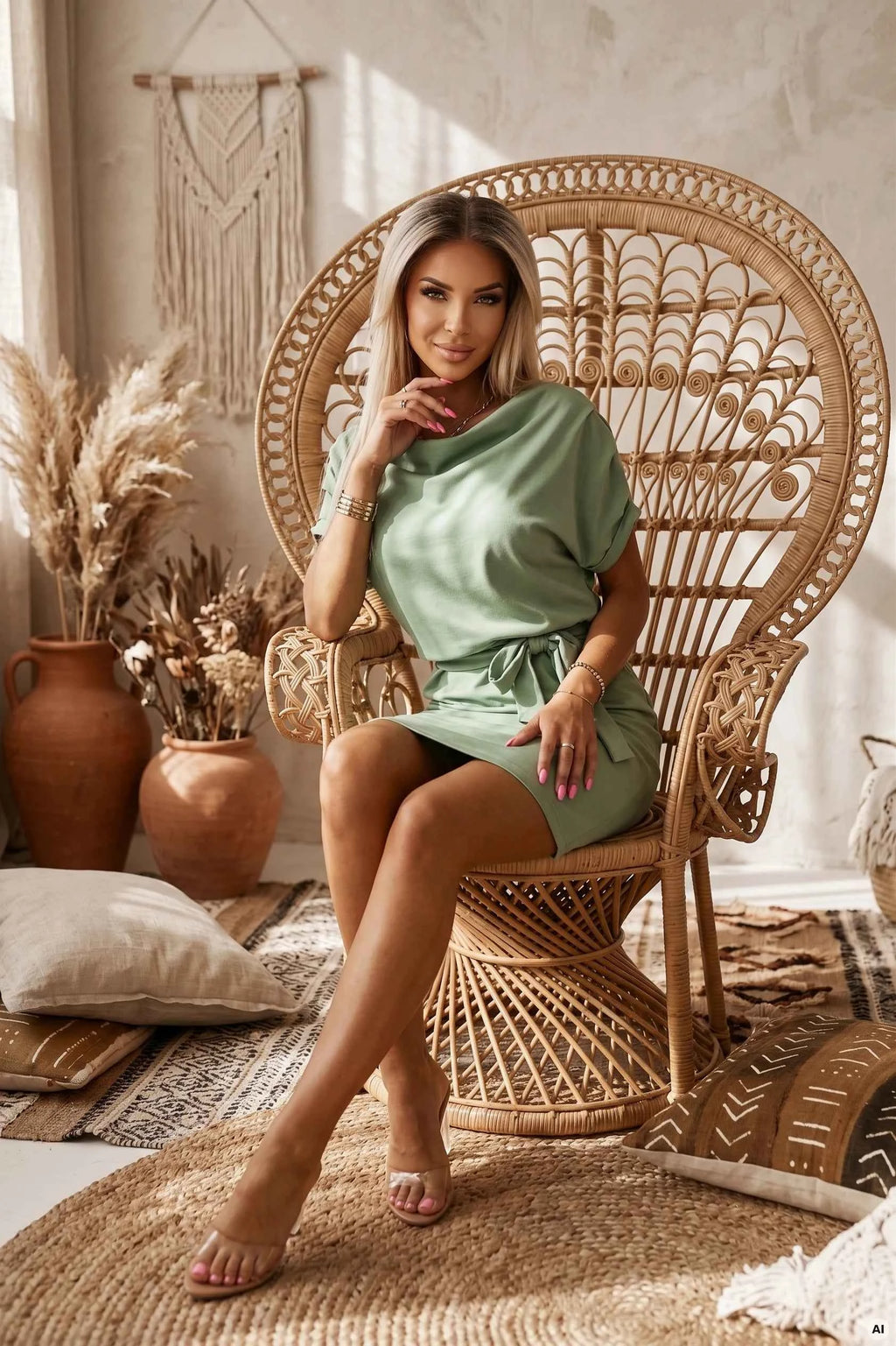 240-10 ROXI rochie confortabilă cu fustă asimetrică și centură - fistic