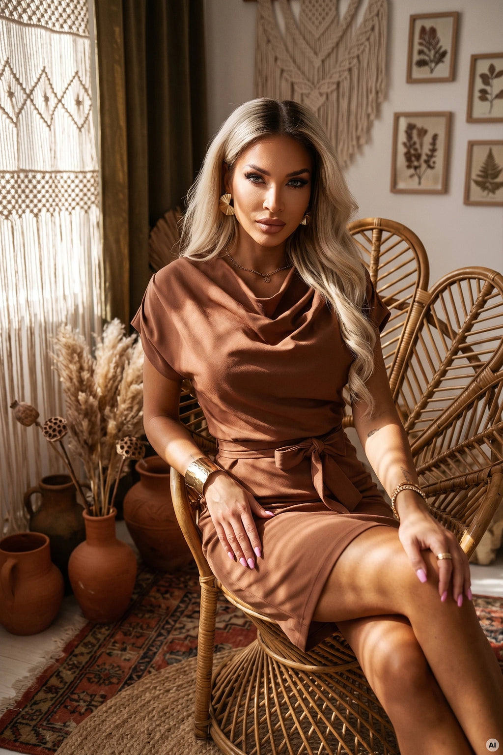240-13 ROXI Rochie confortabilă cu fustă asimetrică și curea - maro ciocolatiu