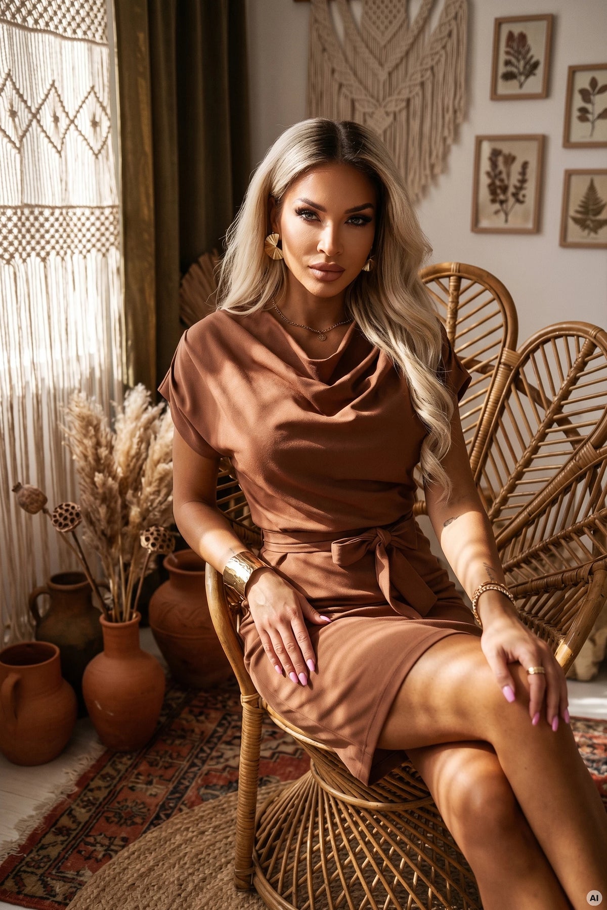 240-13 ROXI Rochie confortabilă cu fustă asimetrică și curea - maro ciocolatiu
