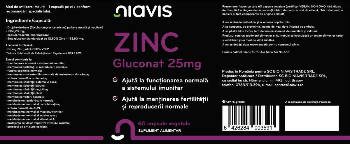 Zinc Gluconat 25mg - Supliment Esențial pentru Sănătate