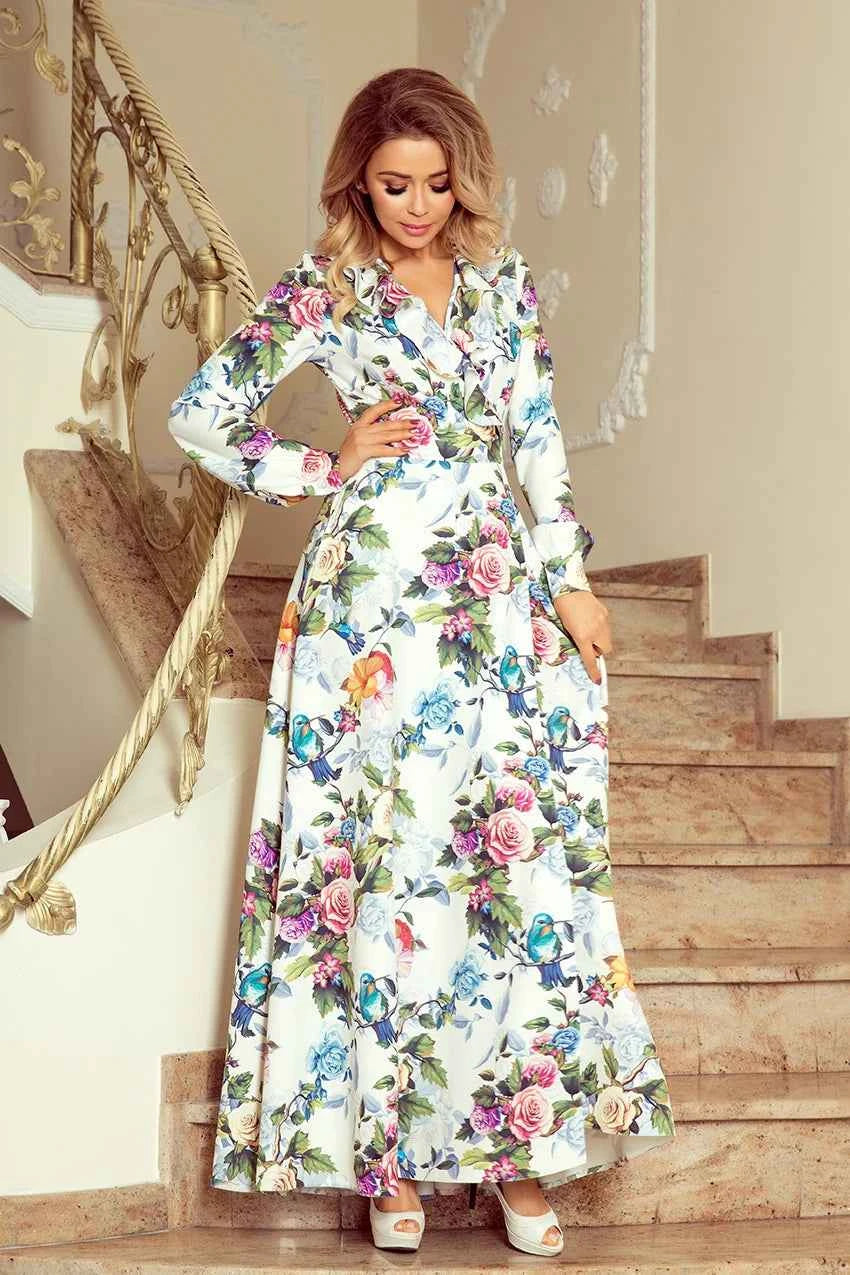 245-1 Rochie MAXI cu volane și decolteu - trandafiri colorați și păsări albastre