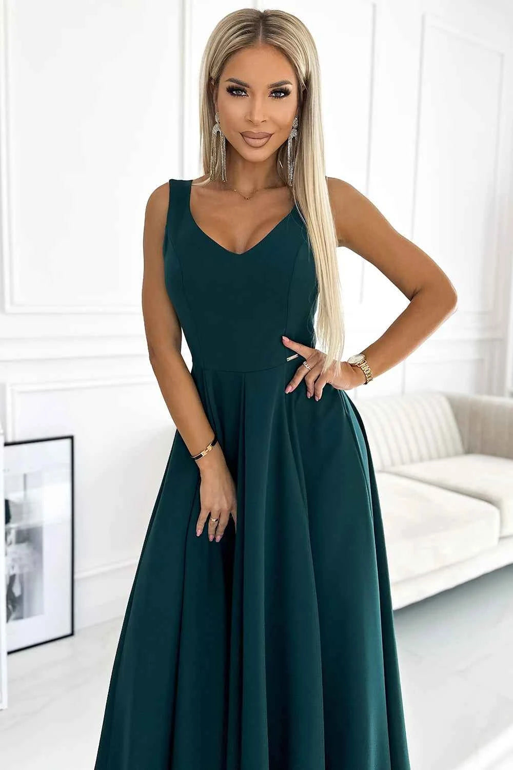 246-5 CINDY rochie lungă elegantă cu decolteu - VERDE