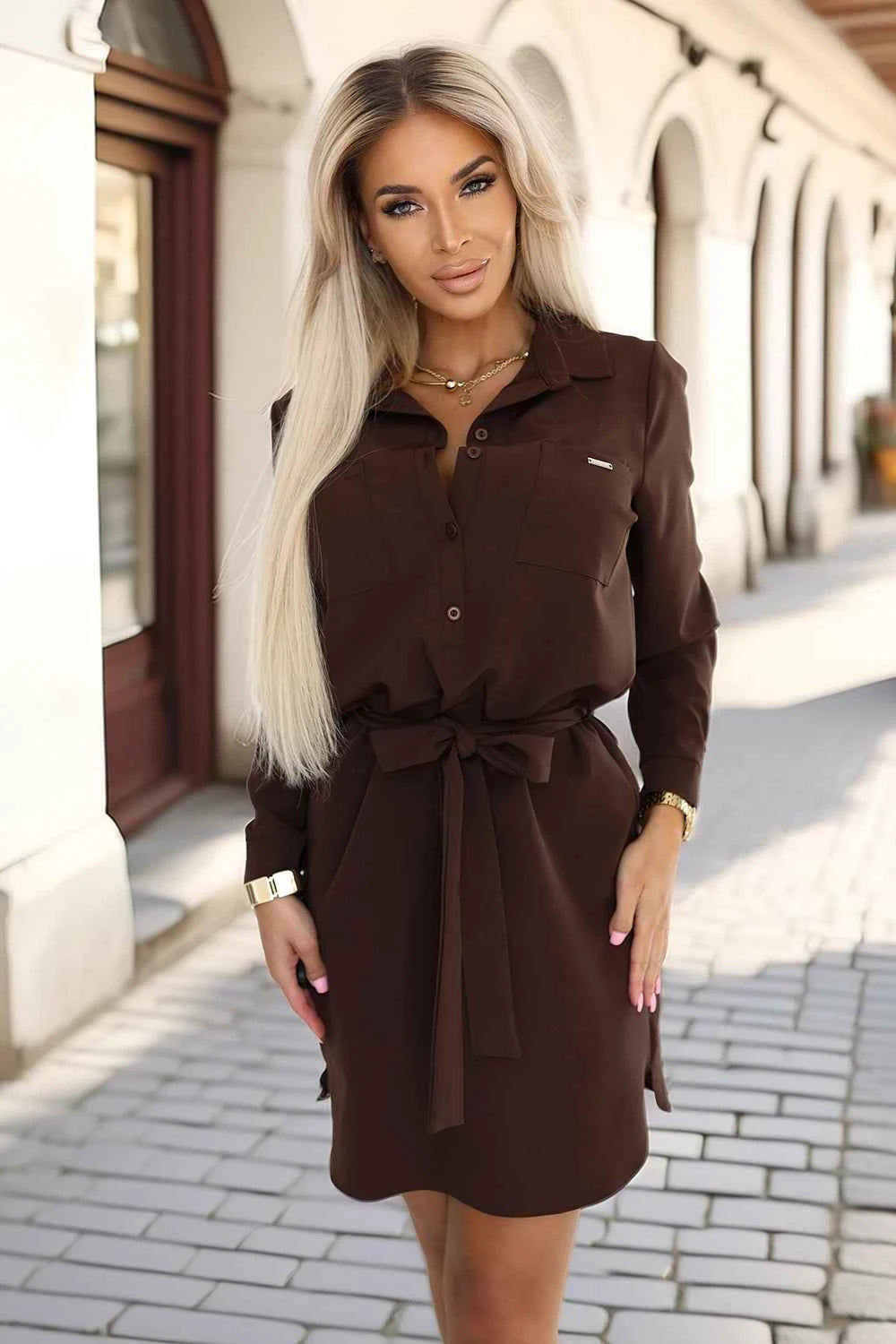 284-5 CAMILLE Rochie-cămașă cu buzunare și legături - ciocolatiu