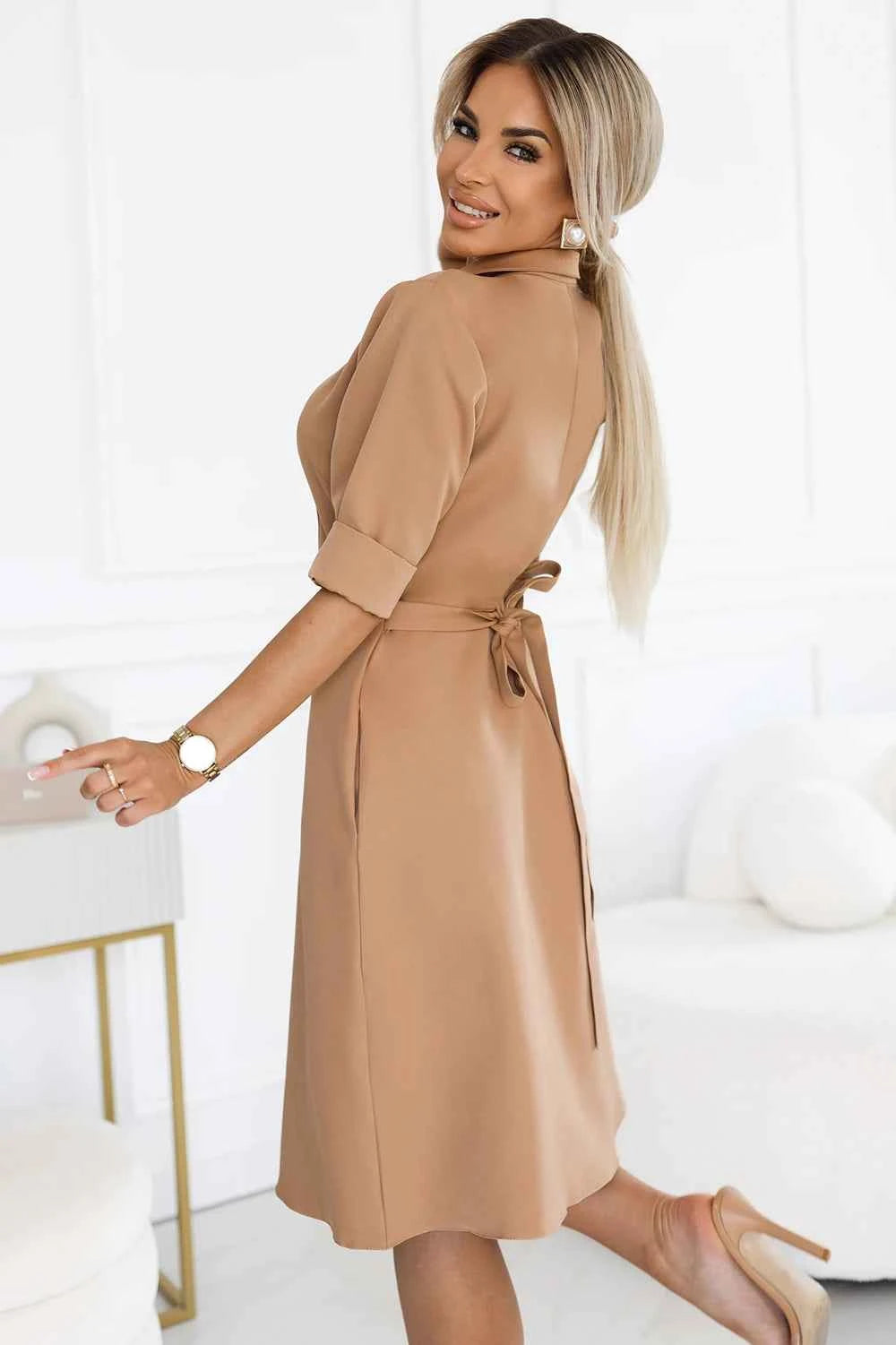286-8 SANDY Rochie cămașă evazată cu curea - MOCHA MOUSSE