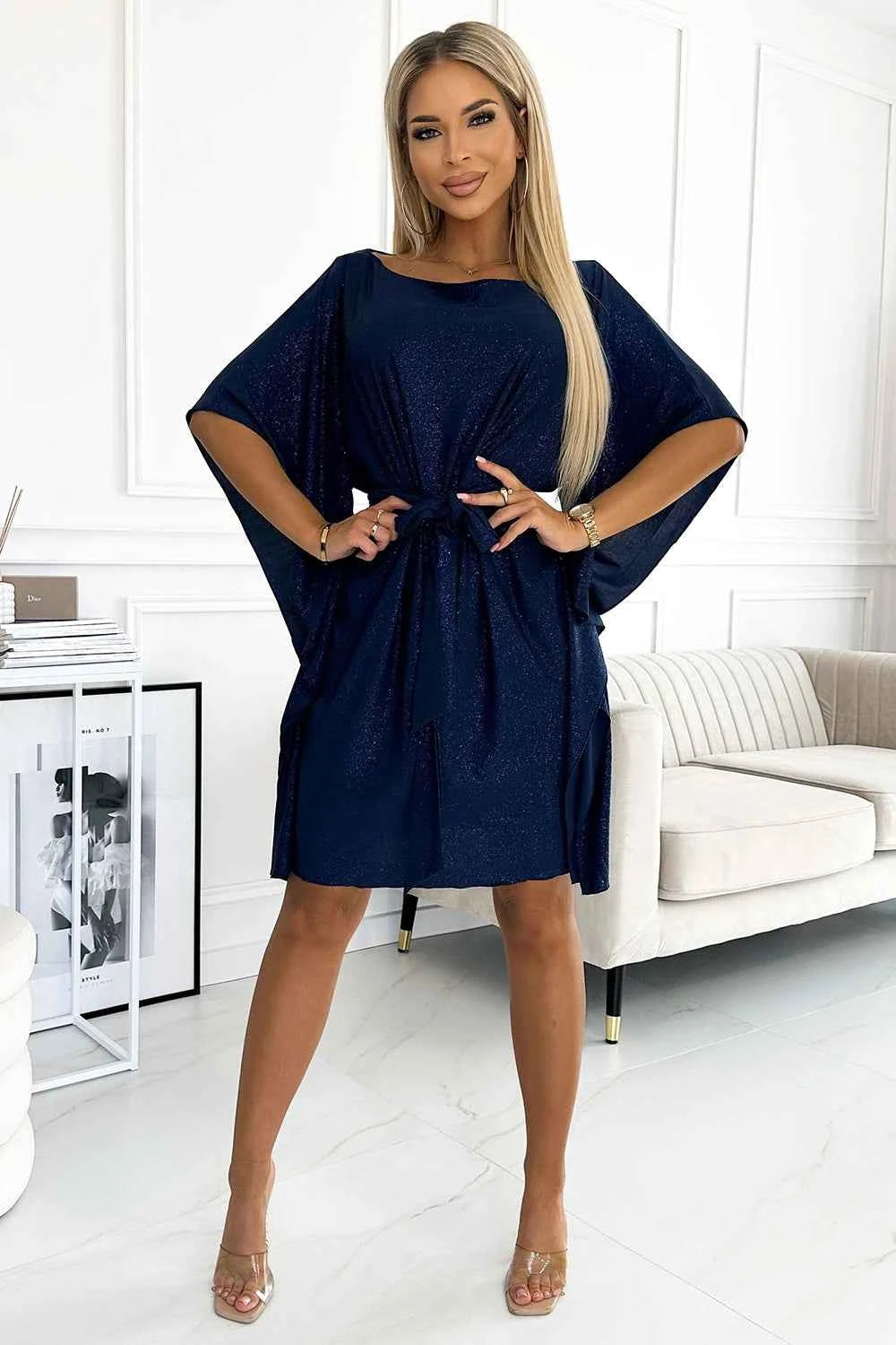 287-25 SOFIA Rochie fluture cu legare în talie - MARINĂ cu sclipici