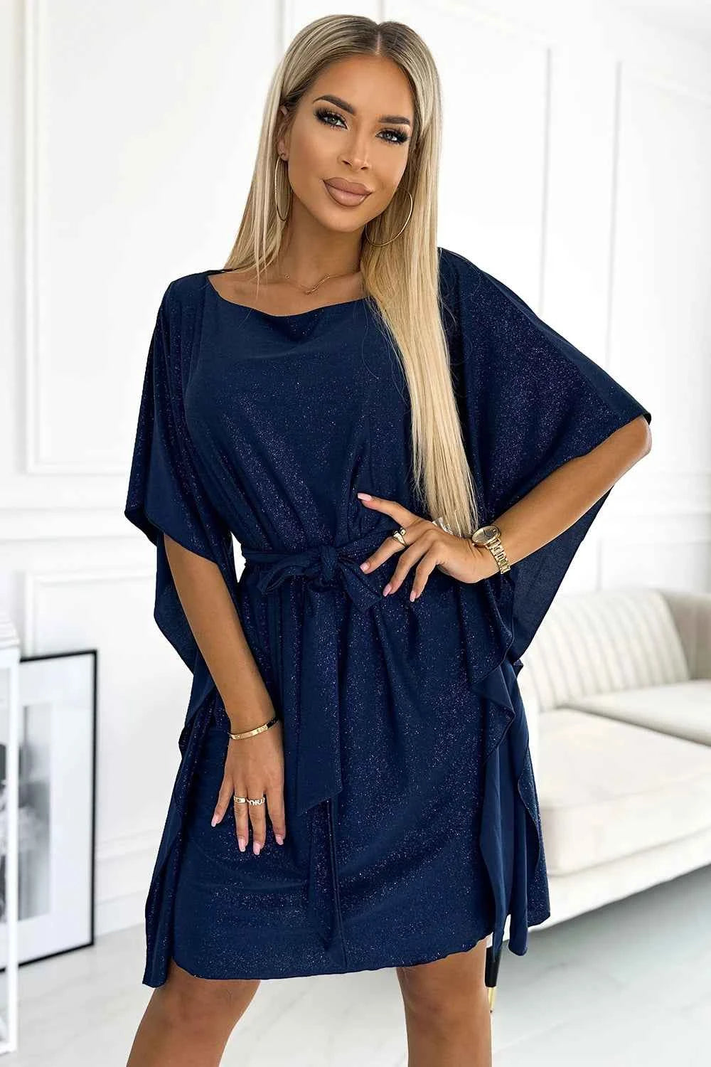 287-25 SOFIA Rochie fluture cu legare în talie - MARINĂ cu sclipici