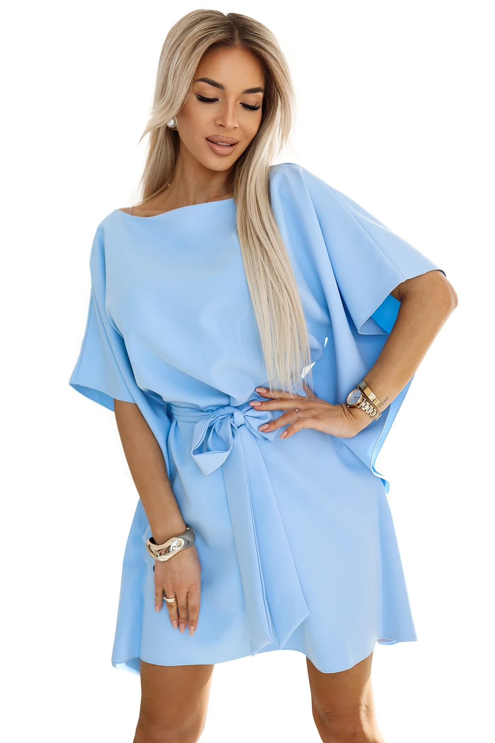 287-36 SOFIA Rochie Fluture cu Cravată în Talie - Albastru Pastel