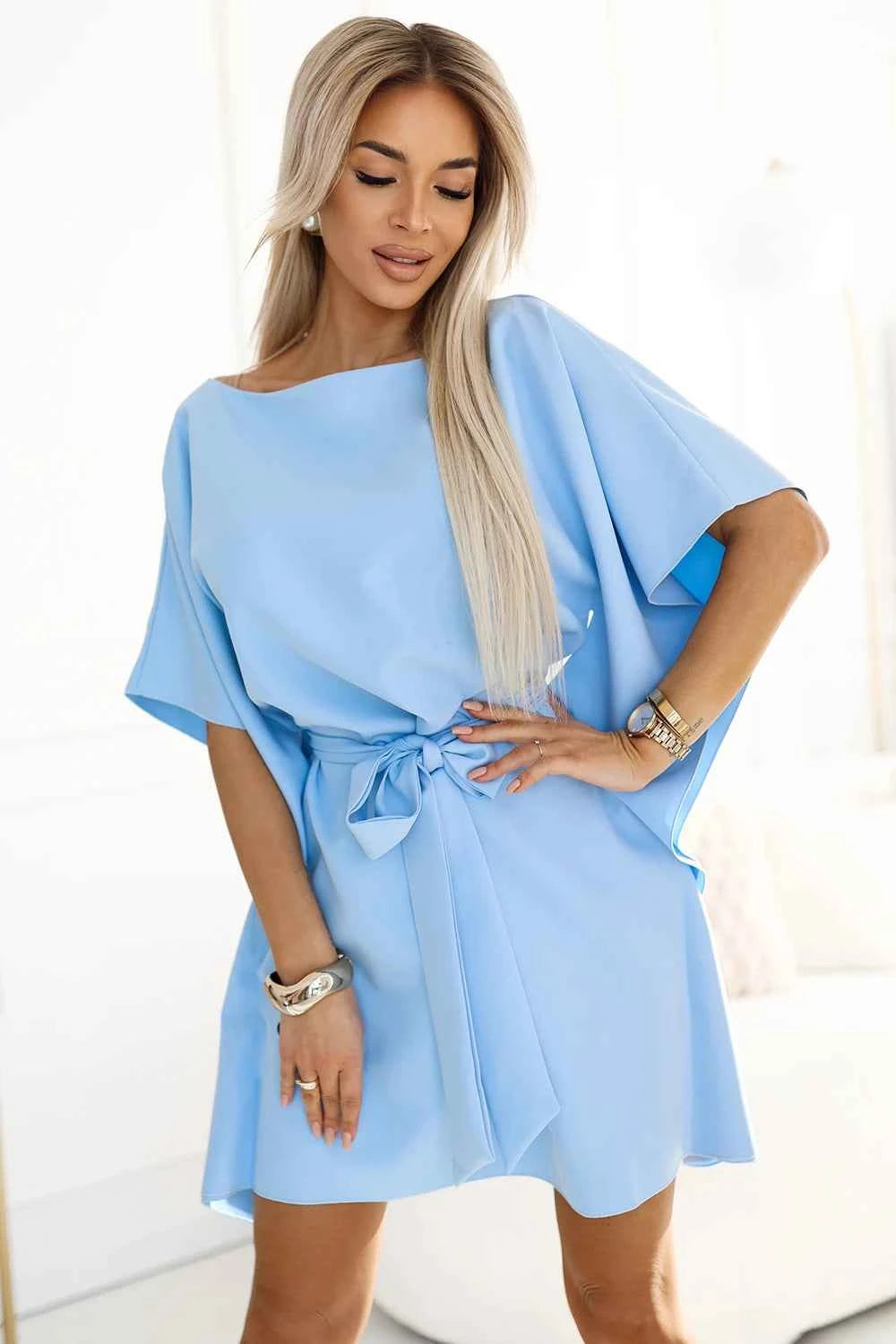 287-36 SOFIA Rochie Fluture cu Cravată în Talie - Albastru Pastel