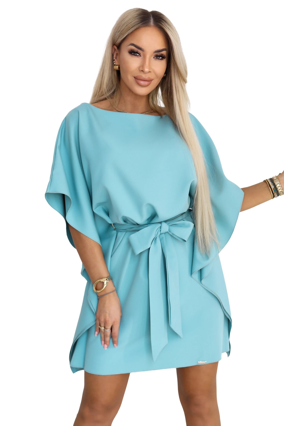 287-40 SOFIA Rochie fluture cu cordon la talie - turcoaz pastel