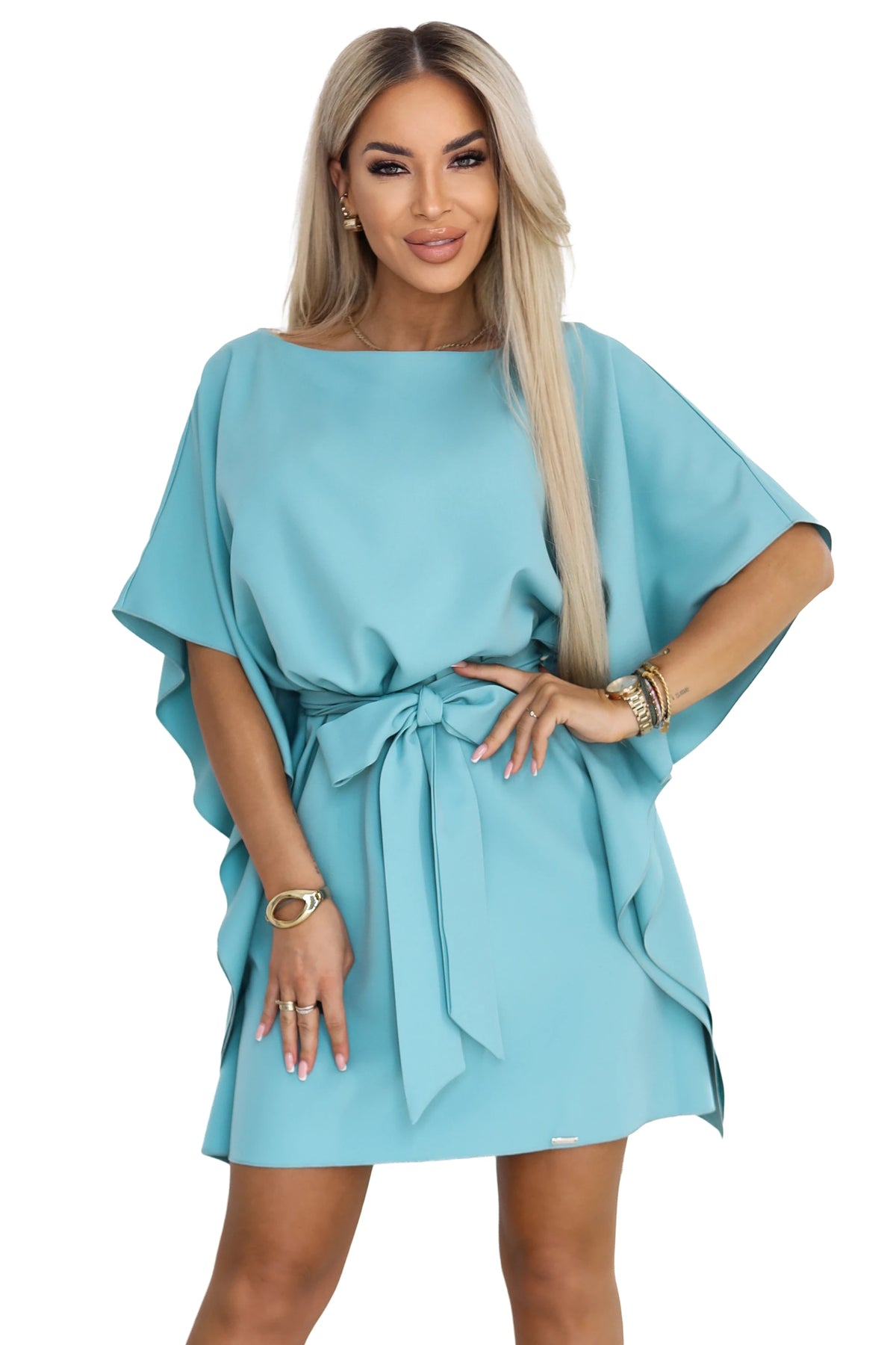 287-40 SOFIA Rochie fluture cu cordon la talie - turcoaz pastel