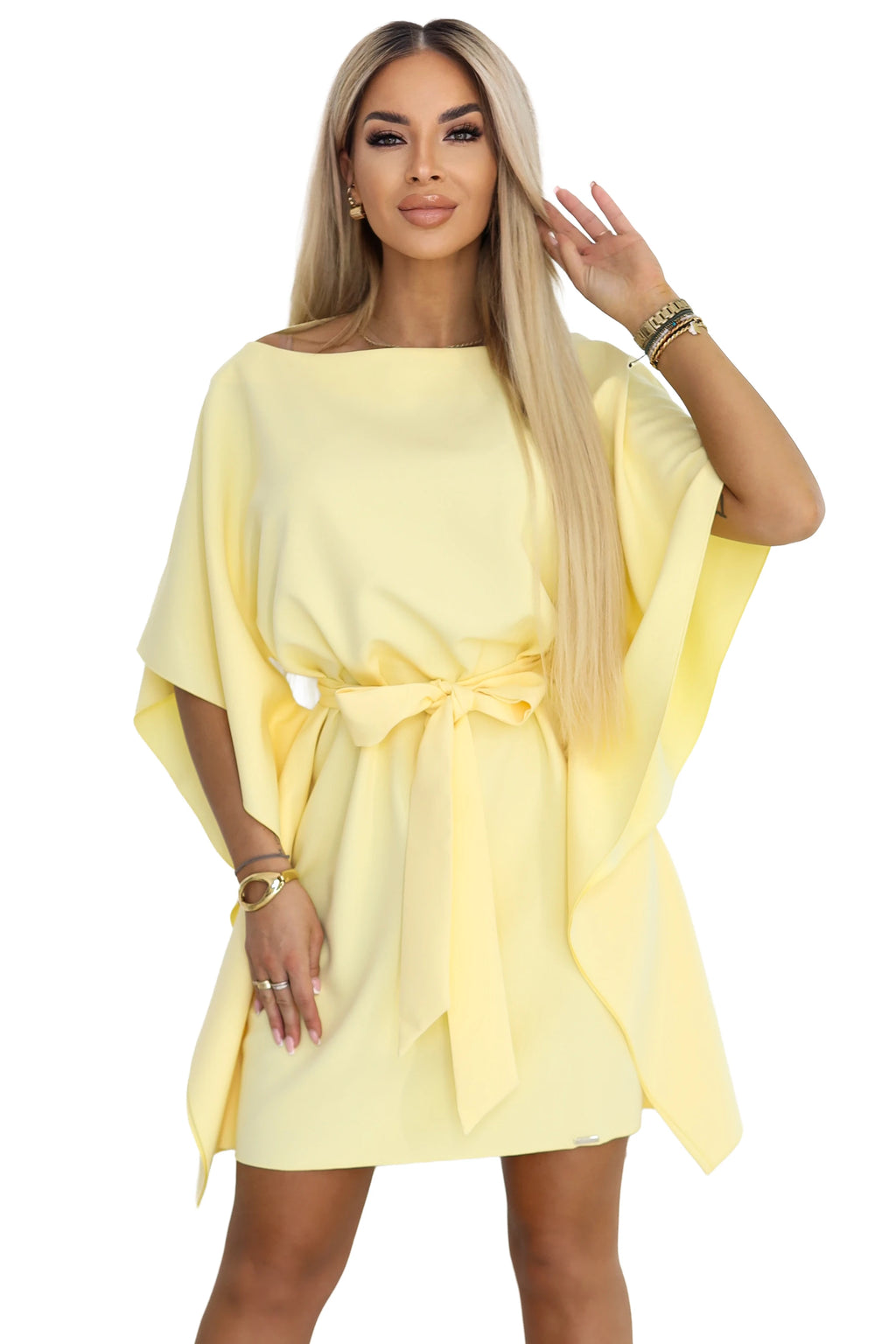287-41 SOFIA Rochie fluture cu legătură în talie - lămâie pastel