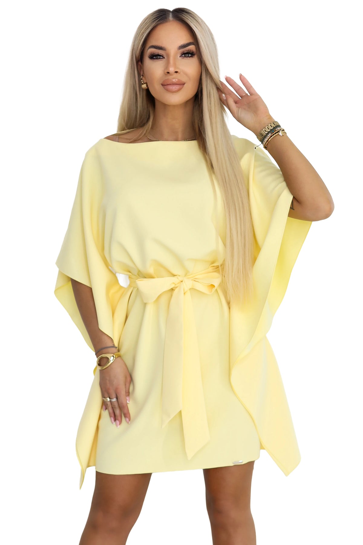 287-41 SOFIA Rochie fluture cu legătură în talie - lămâie pastel