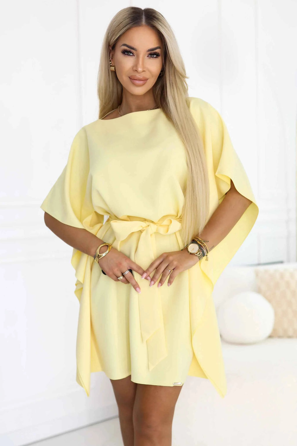 287-41 SOFIA Rochie fluture cu legătură în talie - lămâie pastel