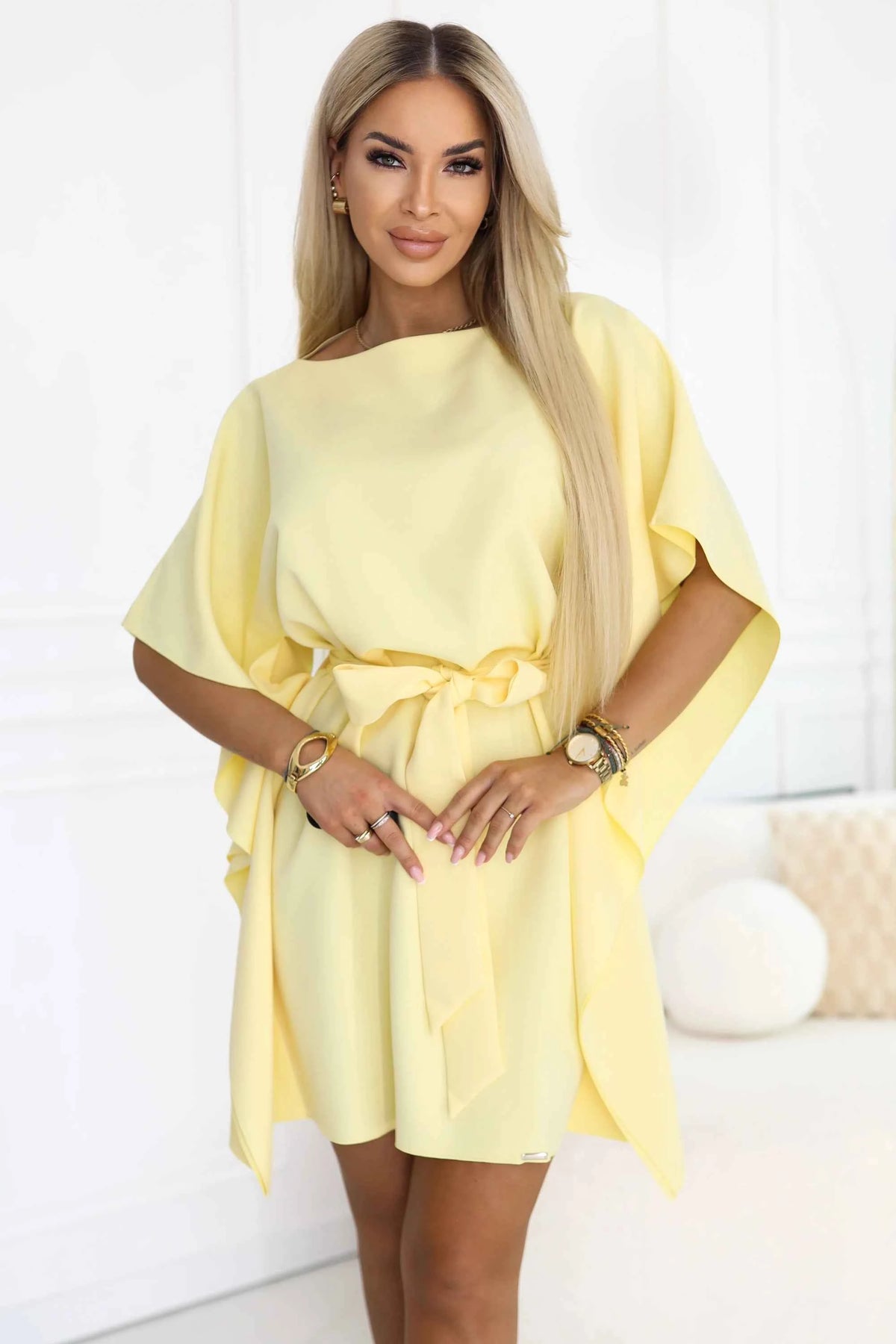 287-41 SOFIA Rochie fluture cu legătură în talie - lămâie pastel