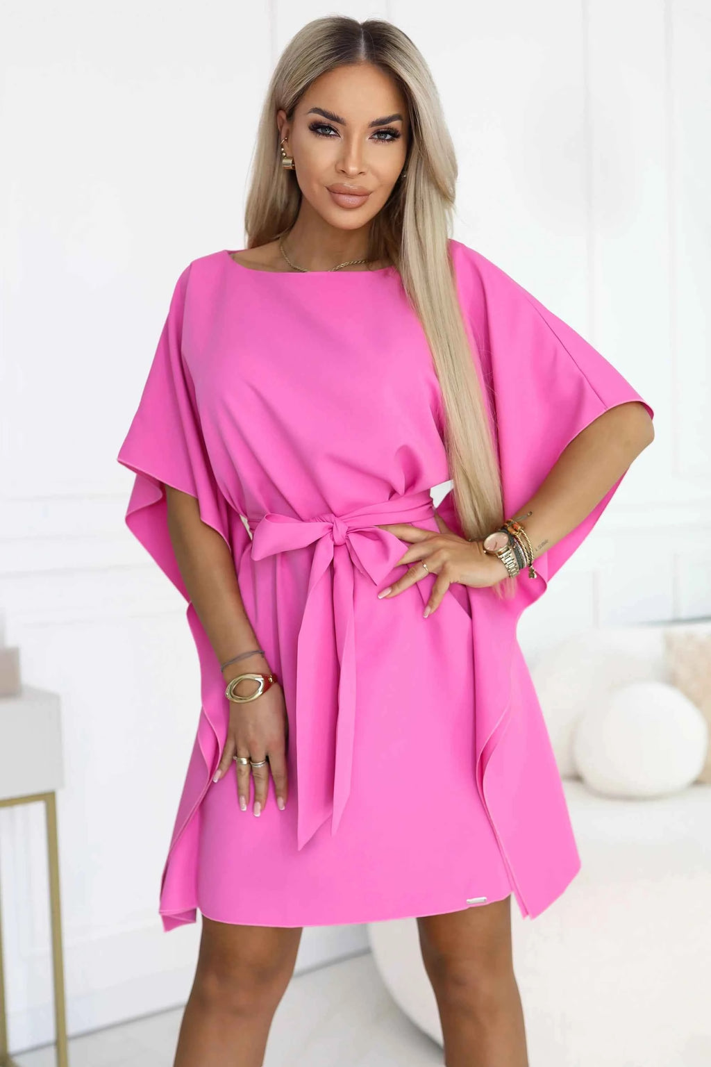 287-42 SOFIA Rochie fluture roz cu cordon la talie - fucsia deschis