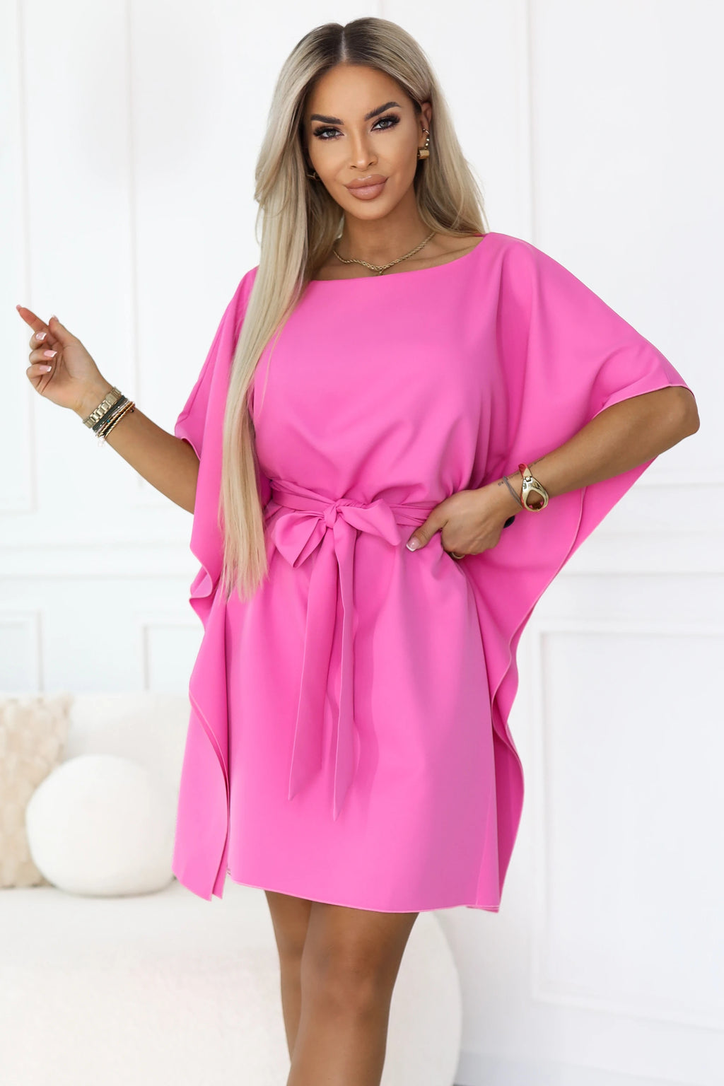 287-42 SOFIA Rochie fluture roz cu cordon la talie - fucsia deschis