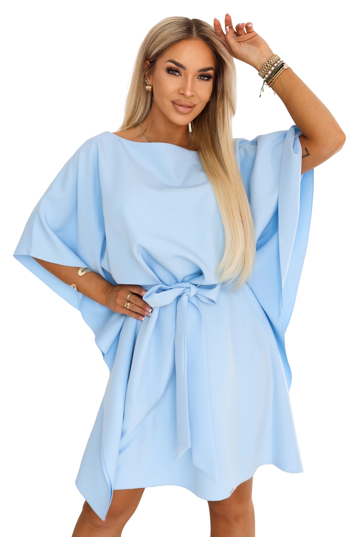 287-43 SOFIA Rochie tip fluture cu centură legată la talie - albastru deschis