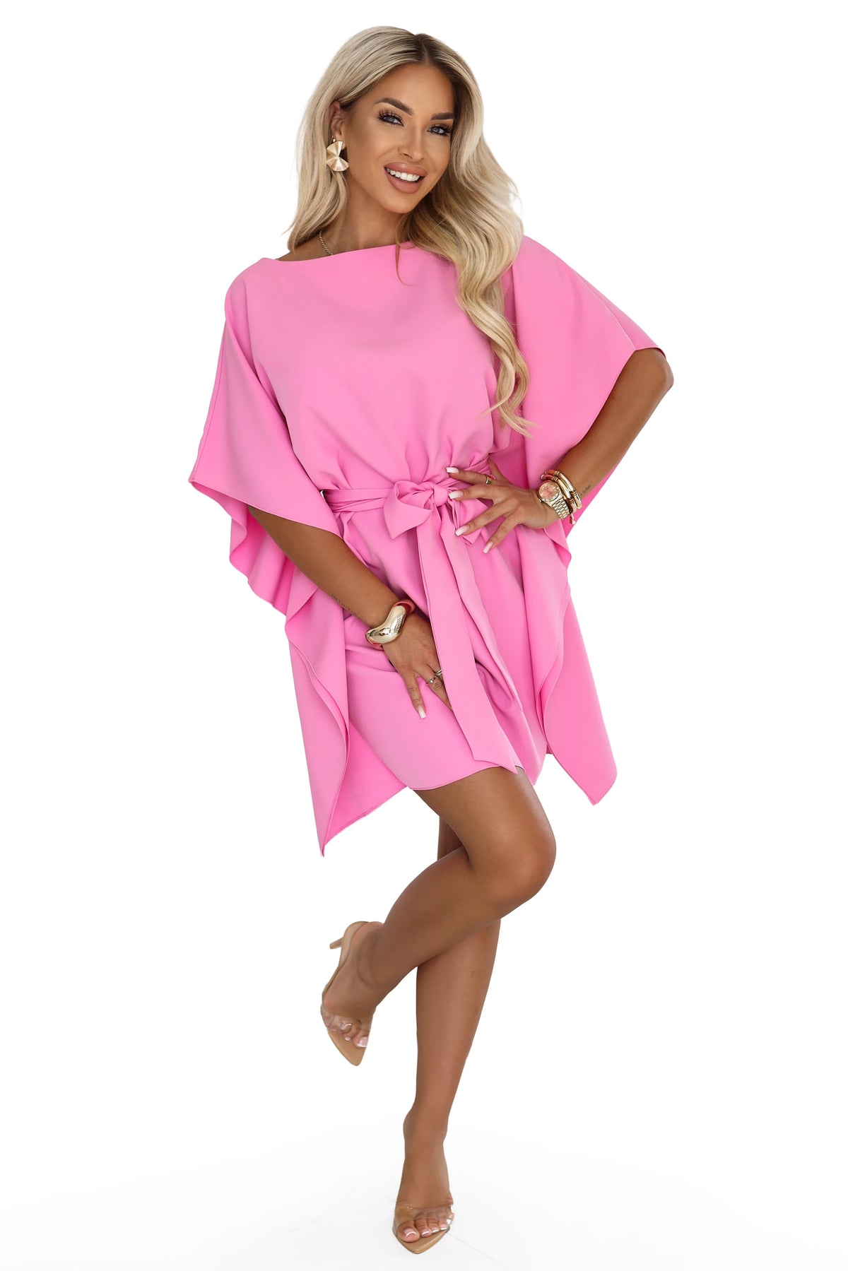 287-44 SOFIA Rochie roz tip fluture cu cordon la talie - roz bomboană
