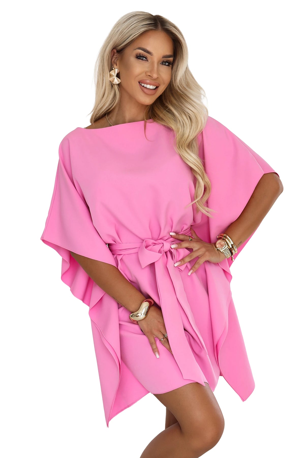 287-44 SOFIA Rochie roz tip fluture cu cordon la talie - roz bomboană