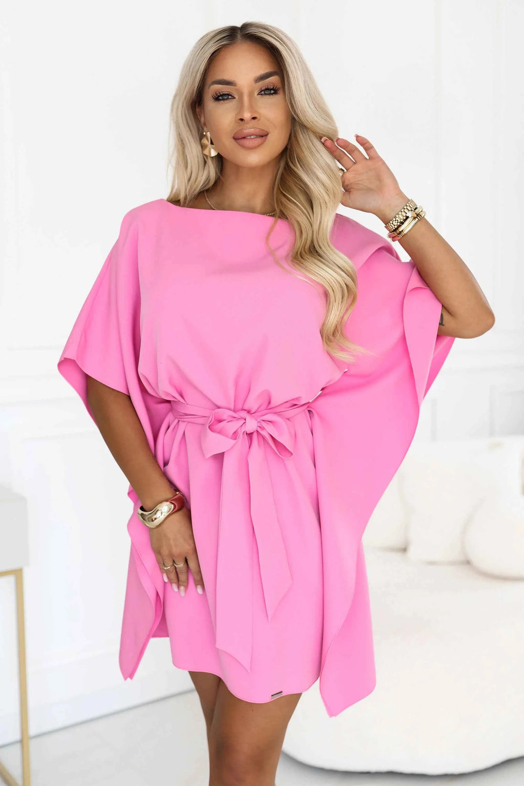 287-44 SOFIA Rochie roz tip fluture cu cordon la talie - roz bomboană
