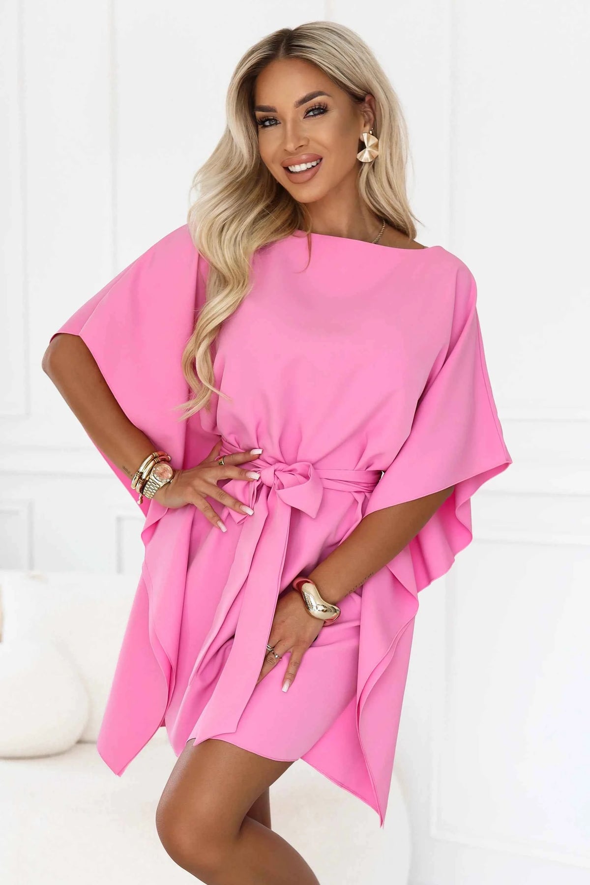 287-44 SOFIA Rochie roz tip fluture cu cordon la talie - roz bomboană