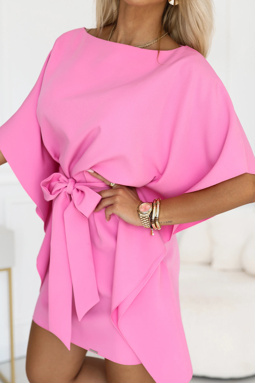 287-44 SOFIA Rochie roz tip fluture cu cordon la talie - roz bomboană