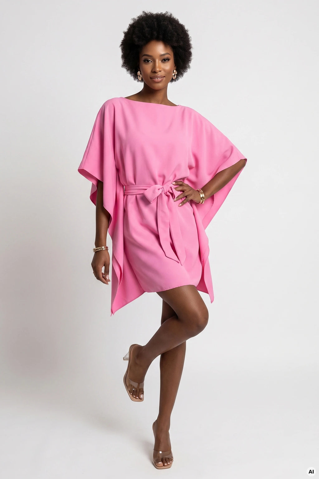 287-44 SOFIA Rochie roz tip fluture cu cordon la talie - roz bomboană