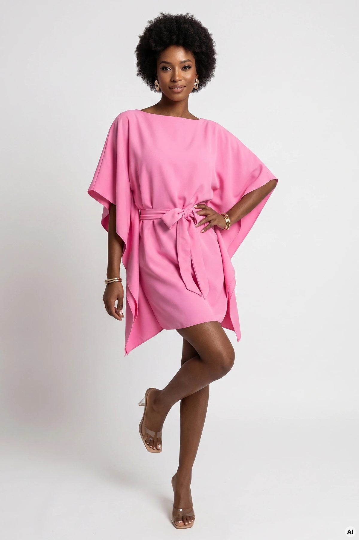 287-44 SOFIA Rochie roz tip fluture cu cordon la talie - roz bomboană