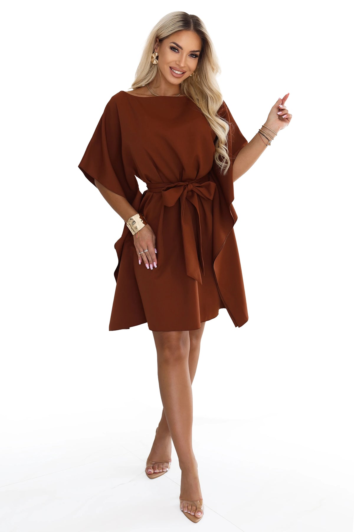 287-45 SOFIA Rochie feminină tip fluture, cu șnur în talie - maro scorțișoară