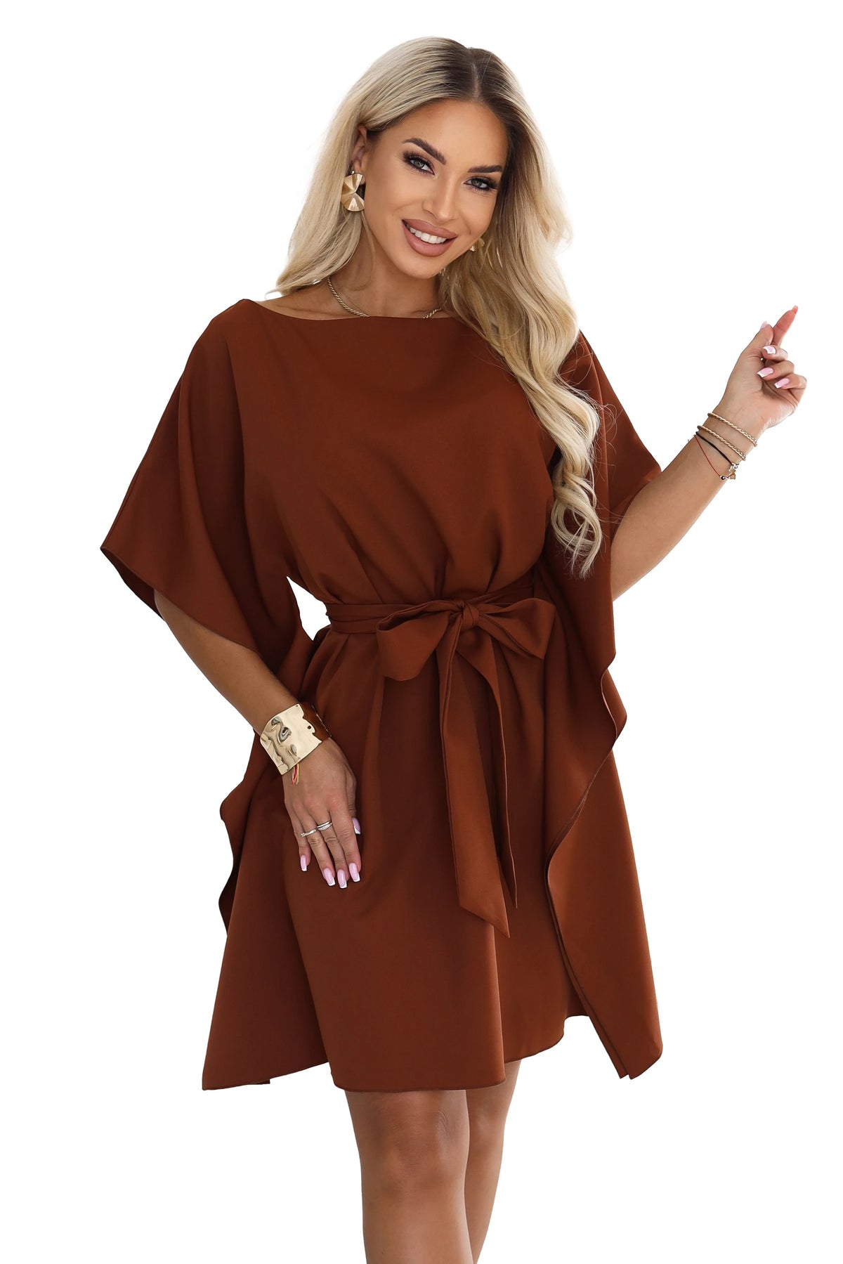 287-45 SOFIA Rochie feminină tip fluture, cu șnur în talie - maro scorțișoară