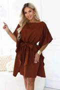 287-45 SOFIA Rochie feminină tip fluture, cu șnur în talie - maro scorțișoară