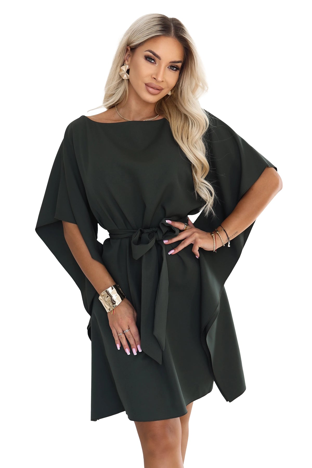 287-46 SOFIA Rochie feminină tip fluture, cu șnur în talie - kaki închis
