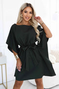 287-46 SOFIA Rochie feminină tip fluture, cu șnur în talie - kaki închis