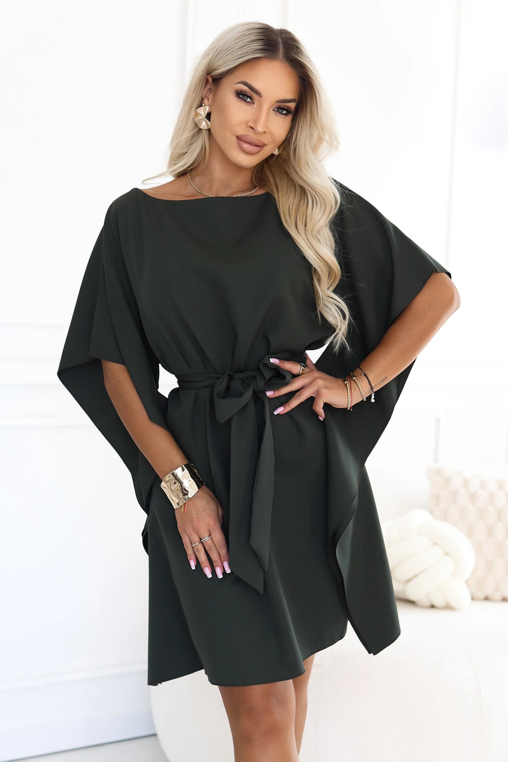 287-46 SOFIA Rochie feminină tip fluture, cu șnur în talie - kaki închis