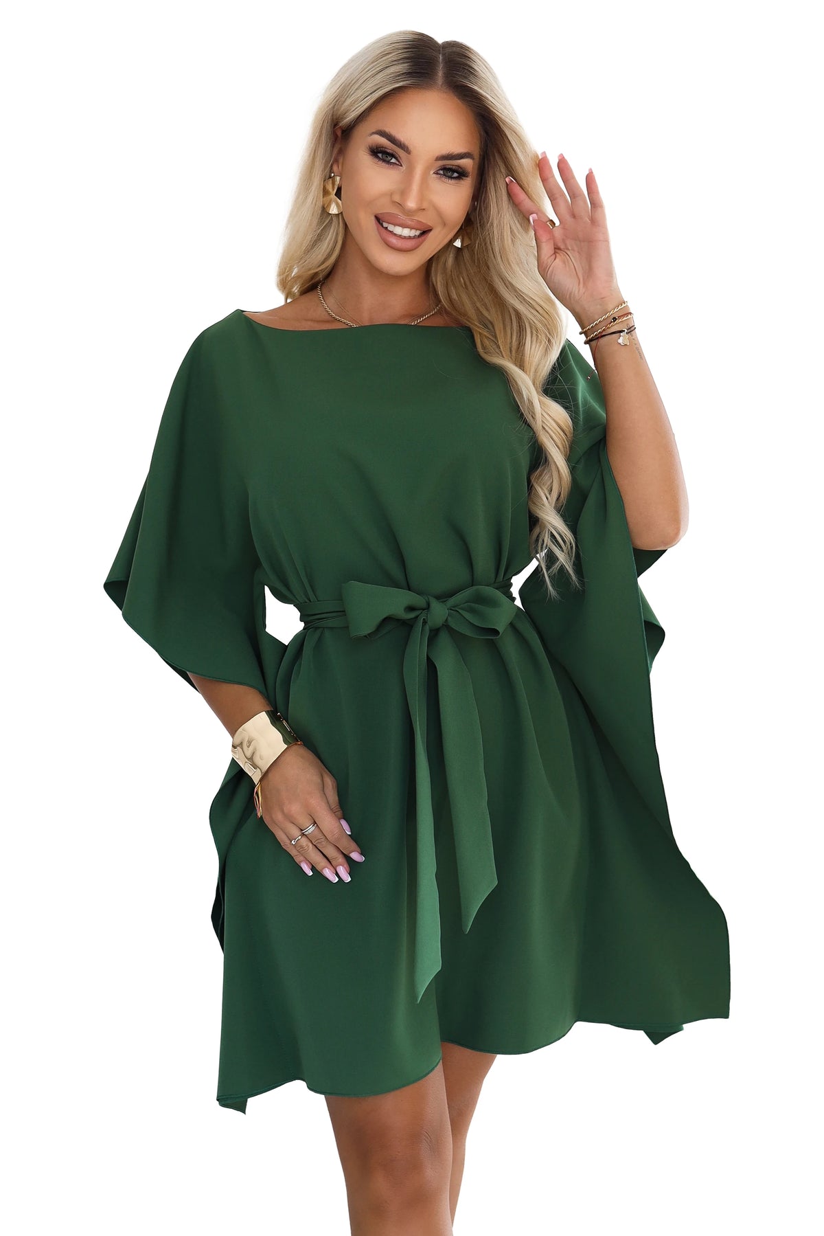 287-47 SOFIA Rochie feminină tip fluture, cu șnur în talie - verde smarald