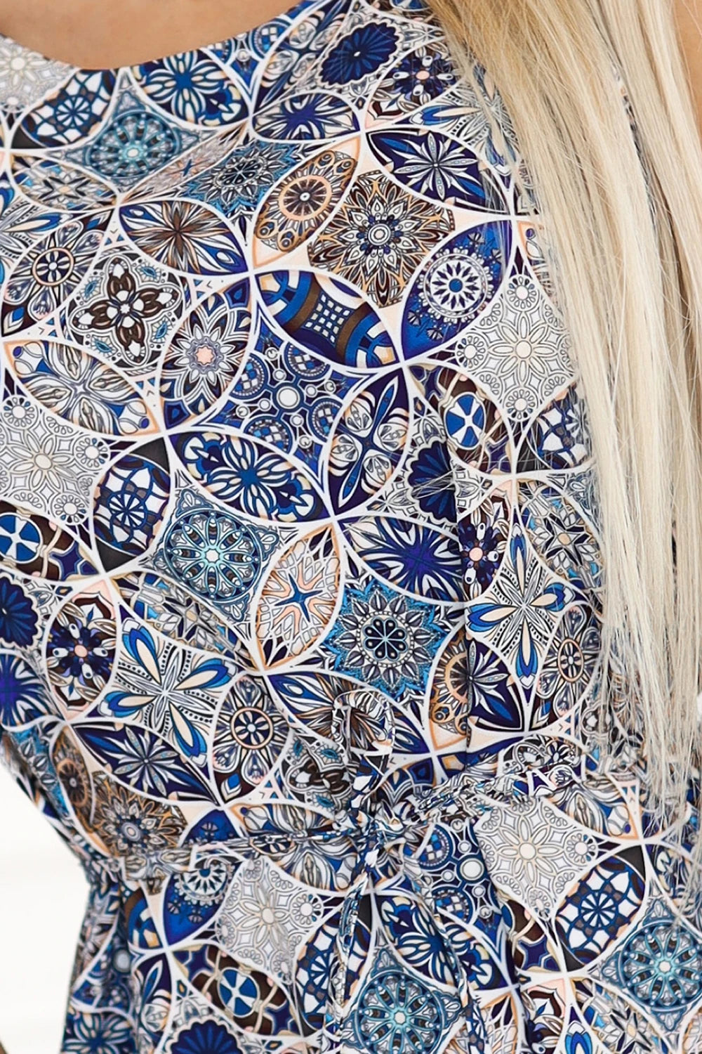 296-13 VICTORIA Rochie boho trapez cu imprimeu mediteranean - albastru