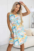 296-15 VICTORIA Rochie trapez de vară cu valuri colorate - albastru cu lamaie