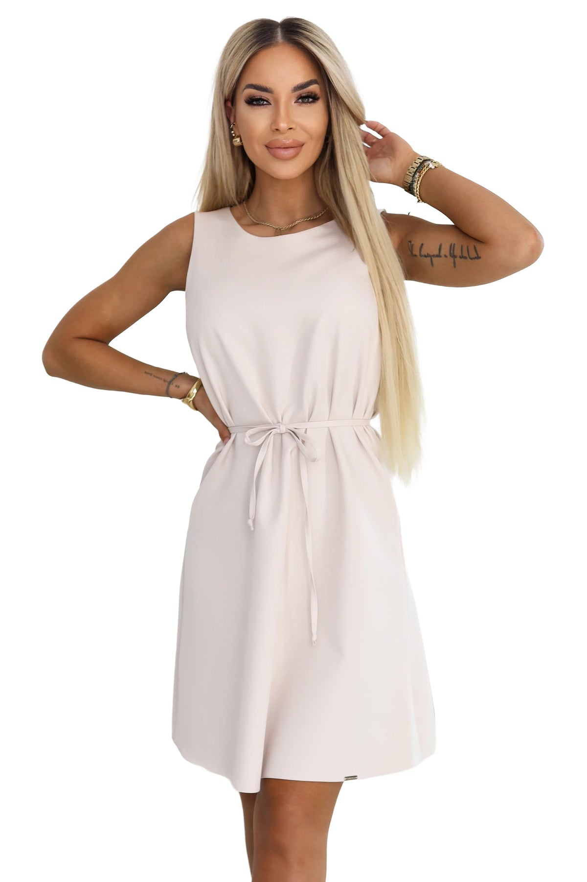 296-17 VICTORIA Rochie trapez fără mâneci cu centură - bej