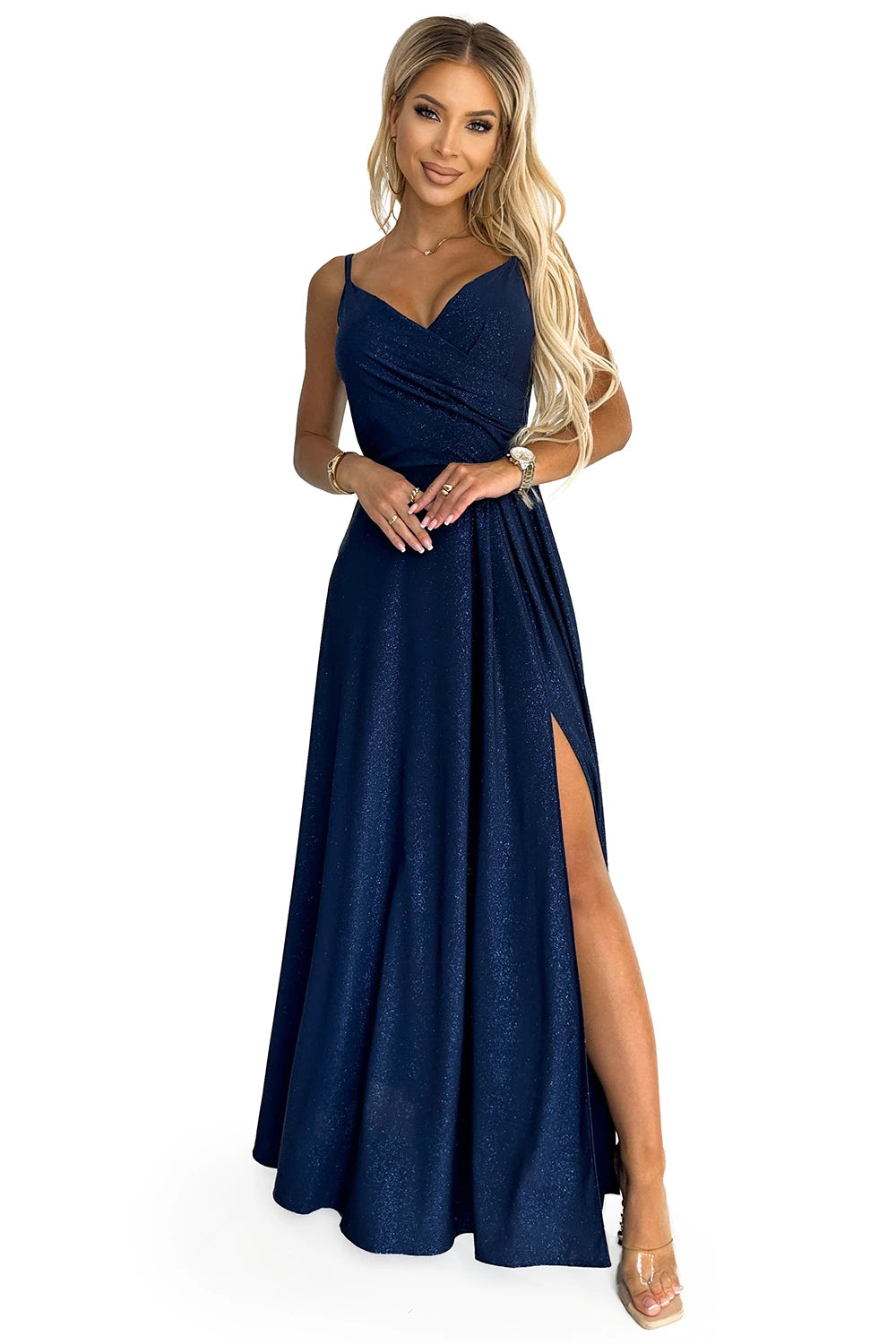 299-10 CHIARA rochie maxi elegantă pe umeri - ALBASTRU CU SCLIPICI